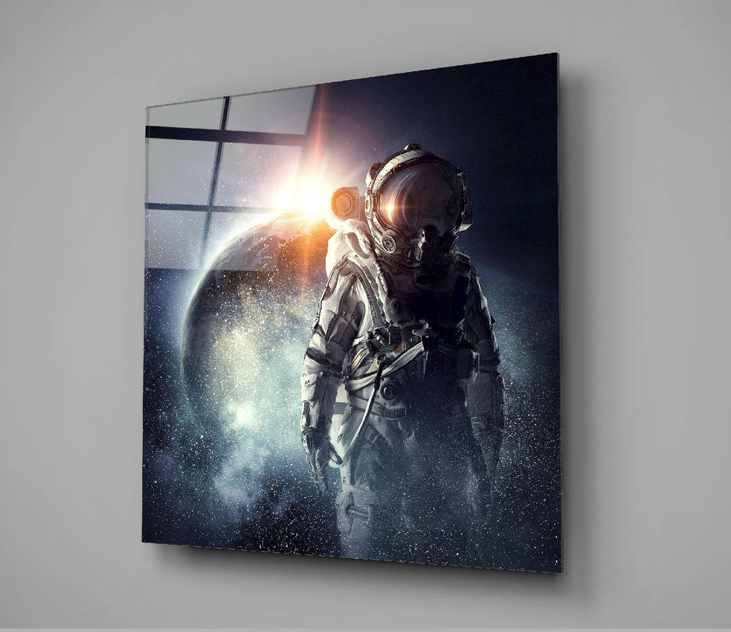 Sunrise Planet Astronaut Glass Wall Art