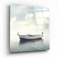 White Boat With Parrot Calm Sea Glass Wall Art