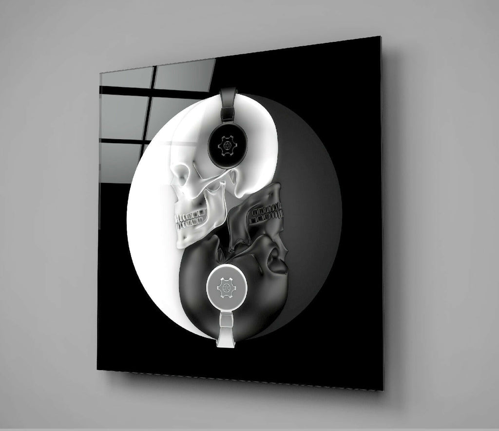 Yin Yang Skull DJ Headphones Glass Wall Art