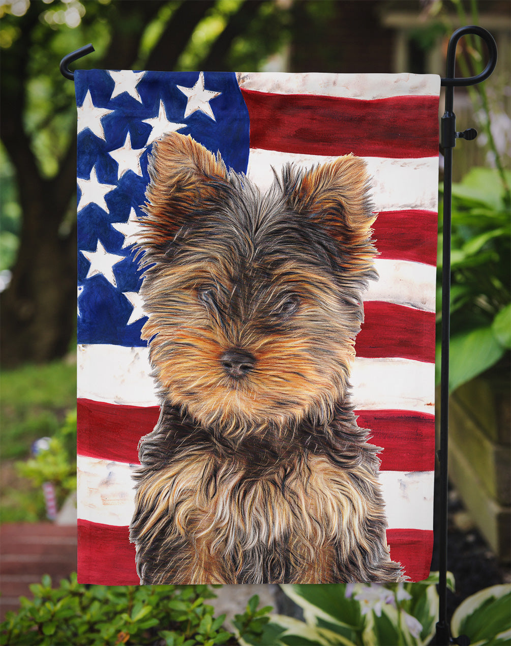 USA American Flag with Yorkie Puppy / Yorkshire Terrier Garden Flag Mailbox Decorative Yard Banner Outside Patio Artwork for Flower Beds, Garden Size, Multicolor