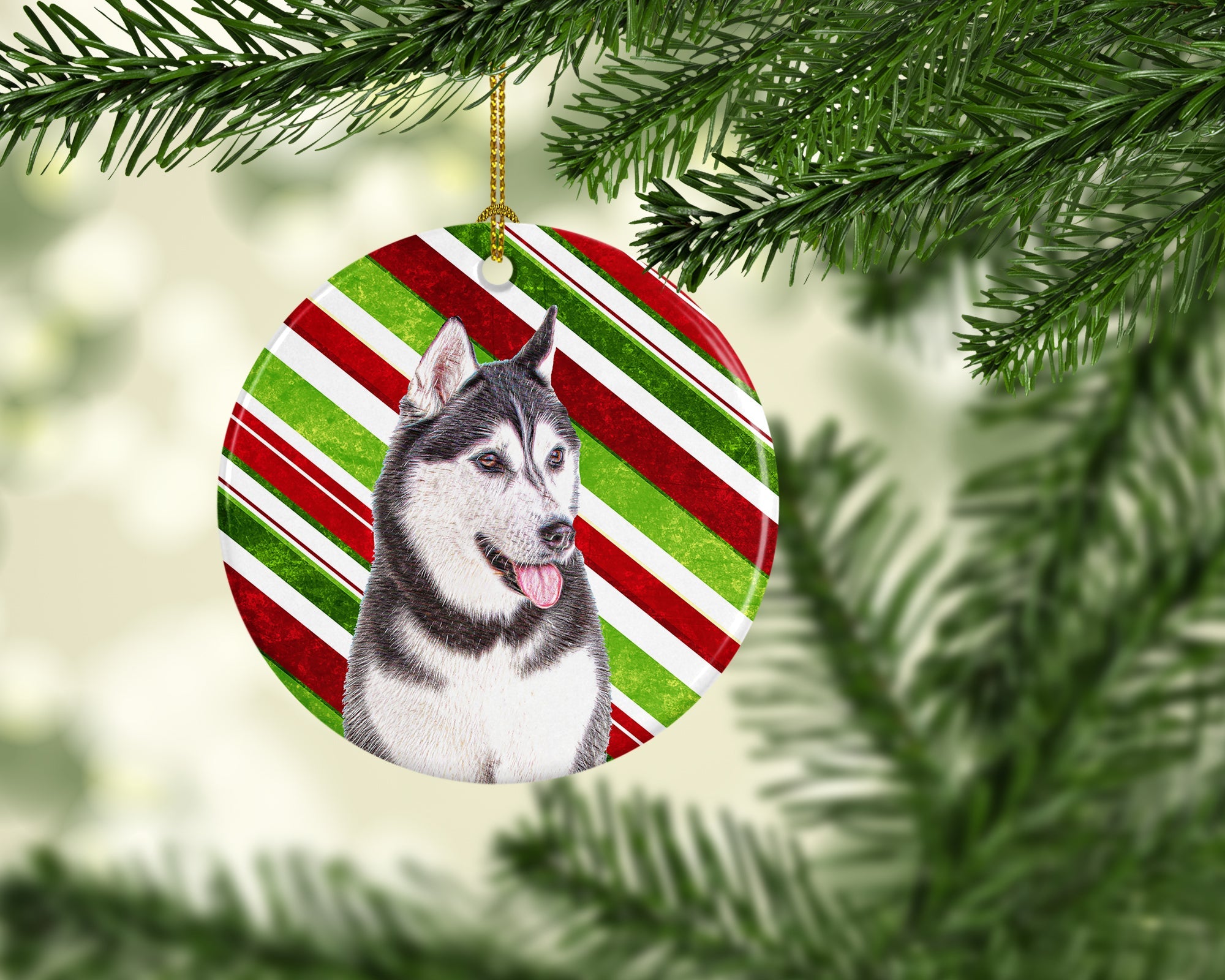 Candy Cane Holiday Christmas Alaskan Malamute Ceramic Ornament Christmas Tree Hanging Decorations for Home Christmas Holiday, Party, Gift, 3 in, Multicolor