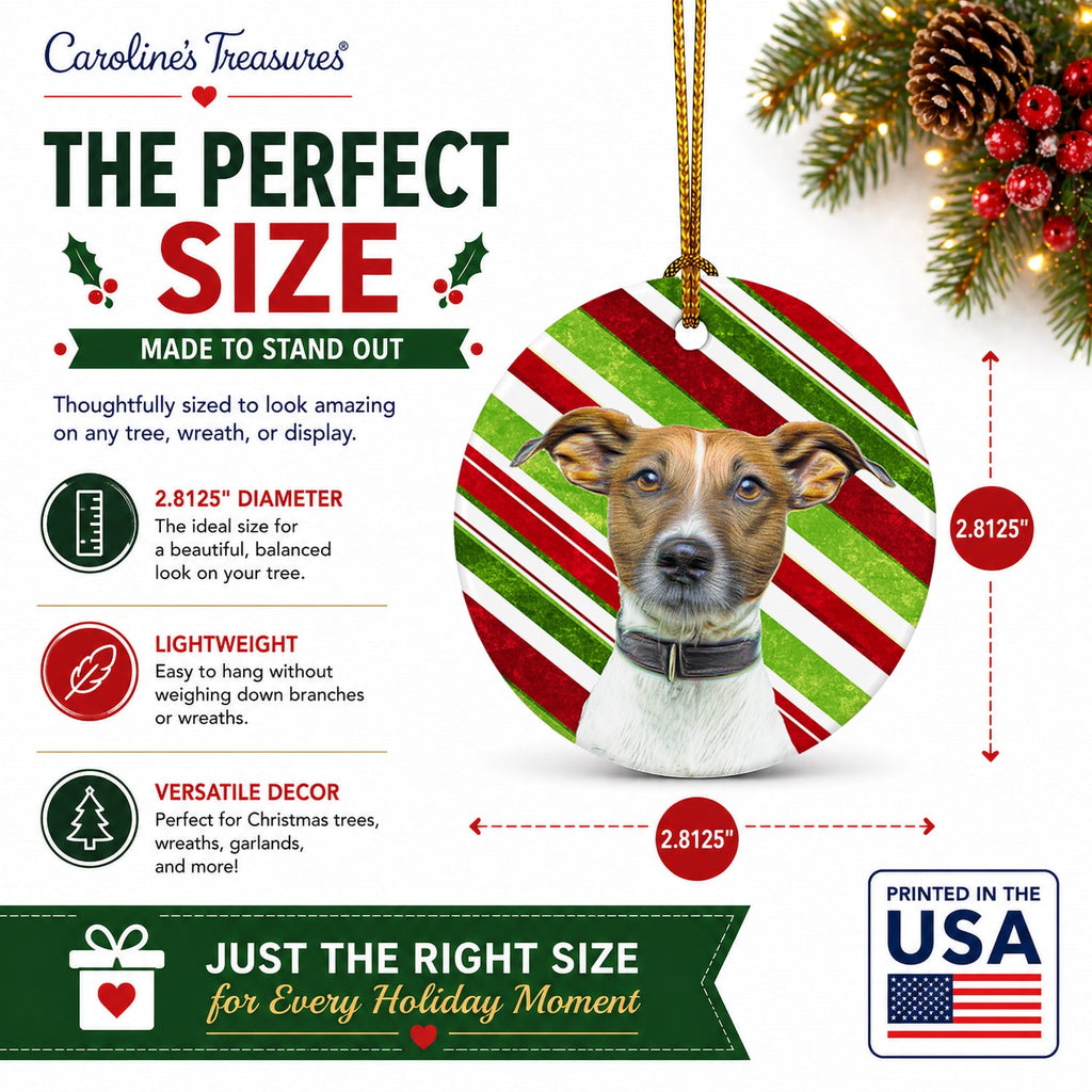 Candy Cane Holiday Christmas Jack Russell Terrier Ceramic Ornament Christmas Tree Hanging Decorations for Home Christmas Holiday, Party, Gift, 3 in, Multicolor