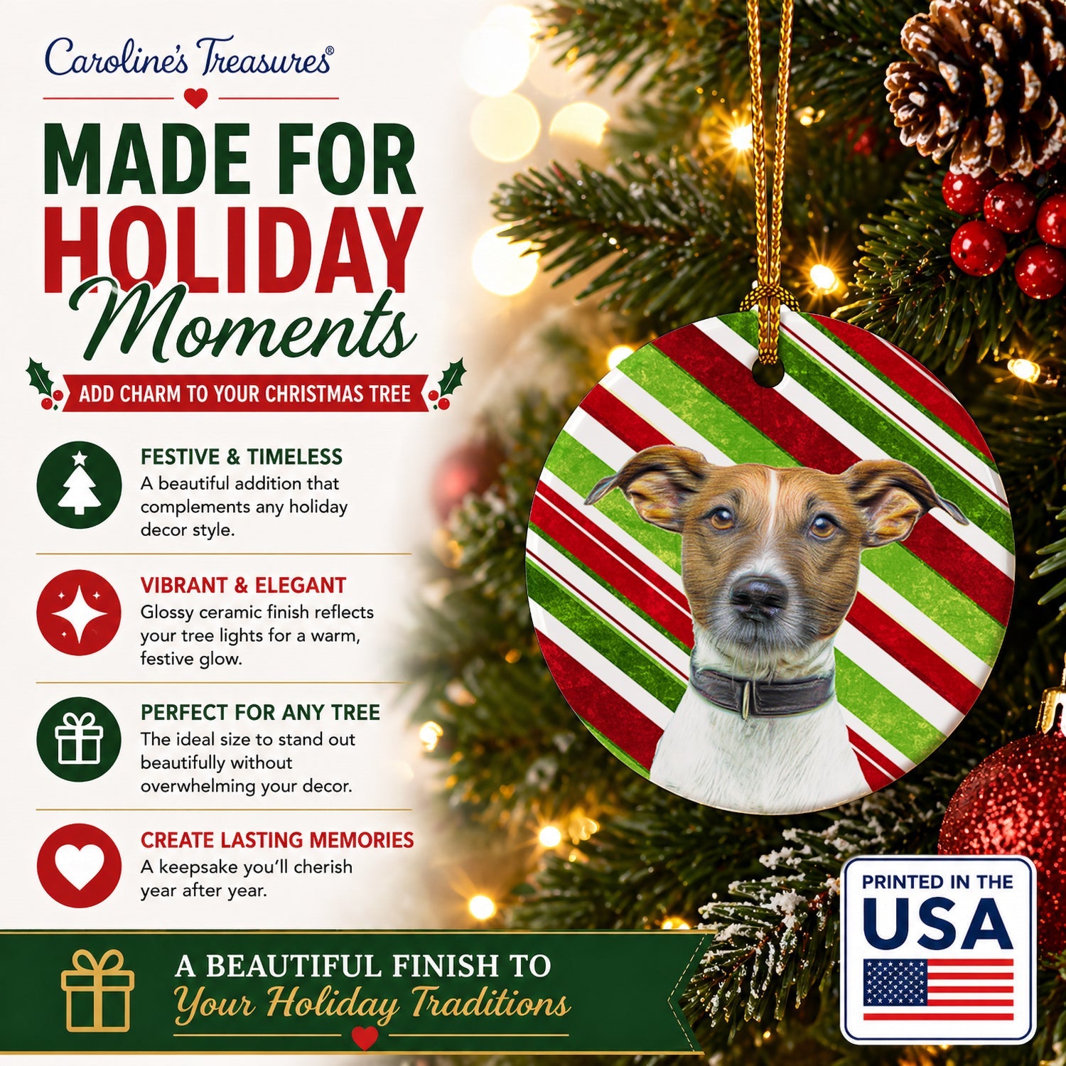 Candy Cane Holiday Christmas Jack Russell Terrier Ceramic Ornament Christmas Tree Hanging Decorations for Home Christmas Holiday, Party, Gift, 3 in, Multicolor