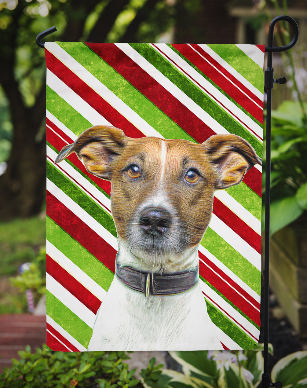 Candy Cane Holiday Christmas Jack Russell Terrier Garden Flag Mailbox Decorative Yard Banner Outside Patio Artwork for Flower Beds, Garden Size, Multicolor