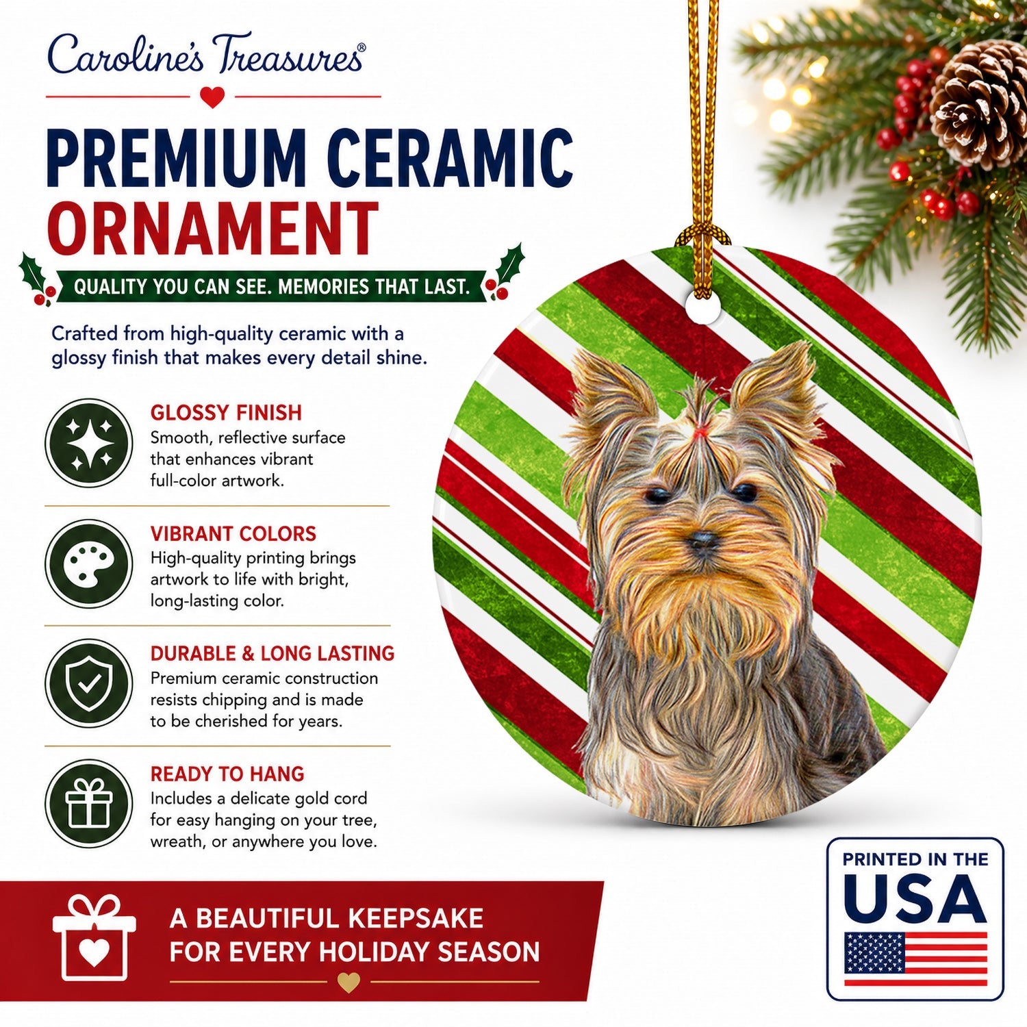 Candy Cane Holiday Christmas Yorkie / Yorkshire Terrier Ceramic Ornament Christmas Tree Hanging Decorations for Home Christmas Holiday, Party, Gift, 3 in, Multicolor