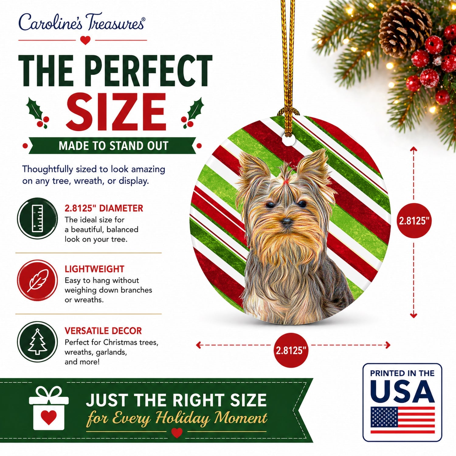 Candy Cane Holiday Christmas Yorkie / Yorkshire Terrier Ceramic Ornament Christmas Tree Hanging Decorations for Home Christmas Holiday, Party, Gift, 3 in, Multicolor