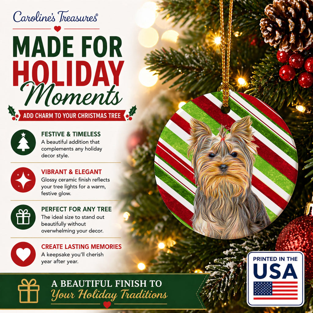 Candy Cane Holiday Christmas Yorkie / Yorkshire Terrier Ceramic Ornament Christmas Tree Hanging Decorations for Home Christmas Holiday, Party, Gift, 3 in, Multicolor