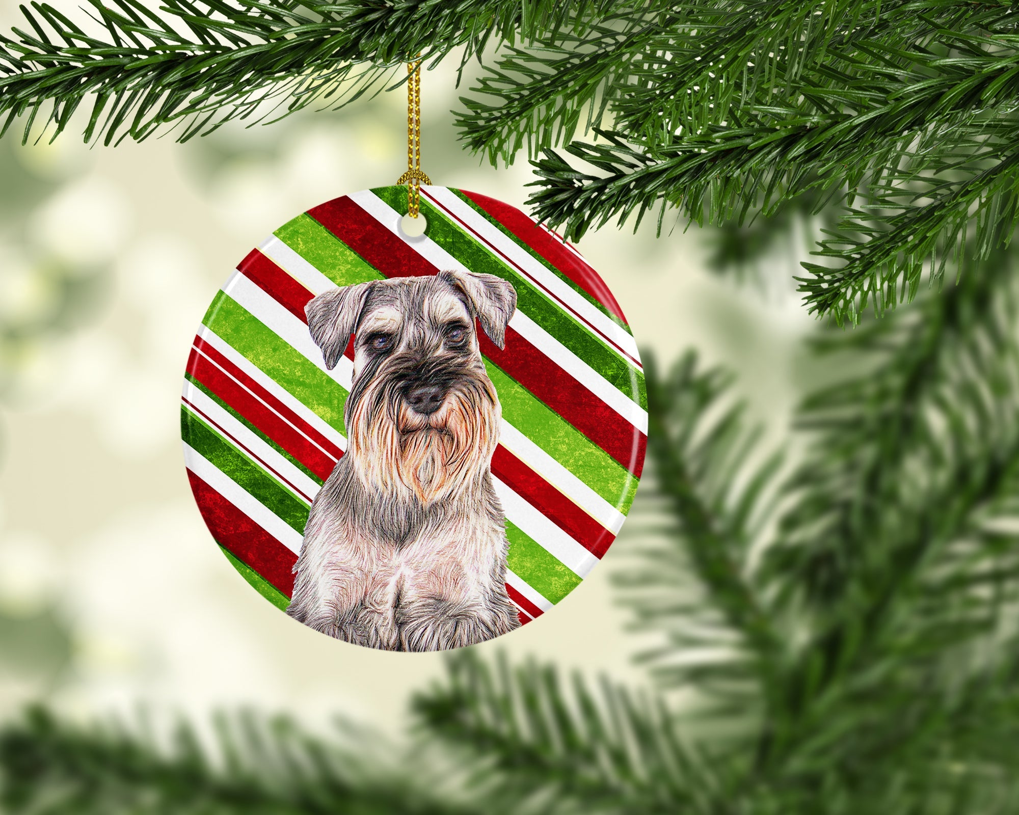 Candy Cane Holiday Christmas Schnauzer Ceramic Ornament Christmas Tree Hanging Decorations for Home Christmas Holiday, Party, Gift, 3 in, Multicolor