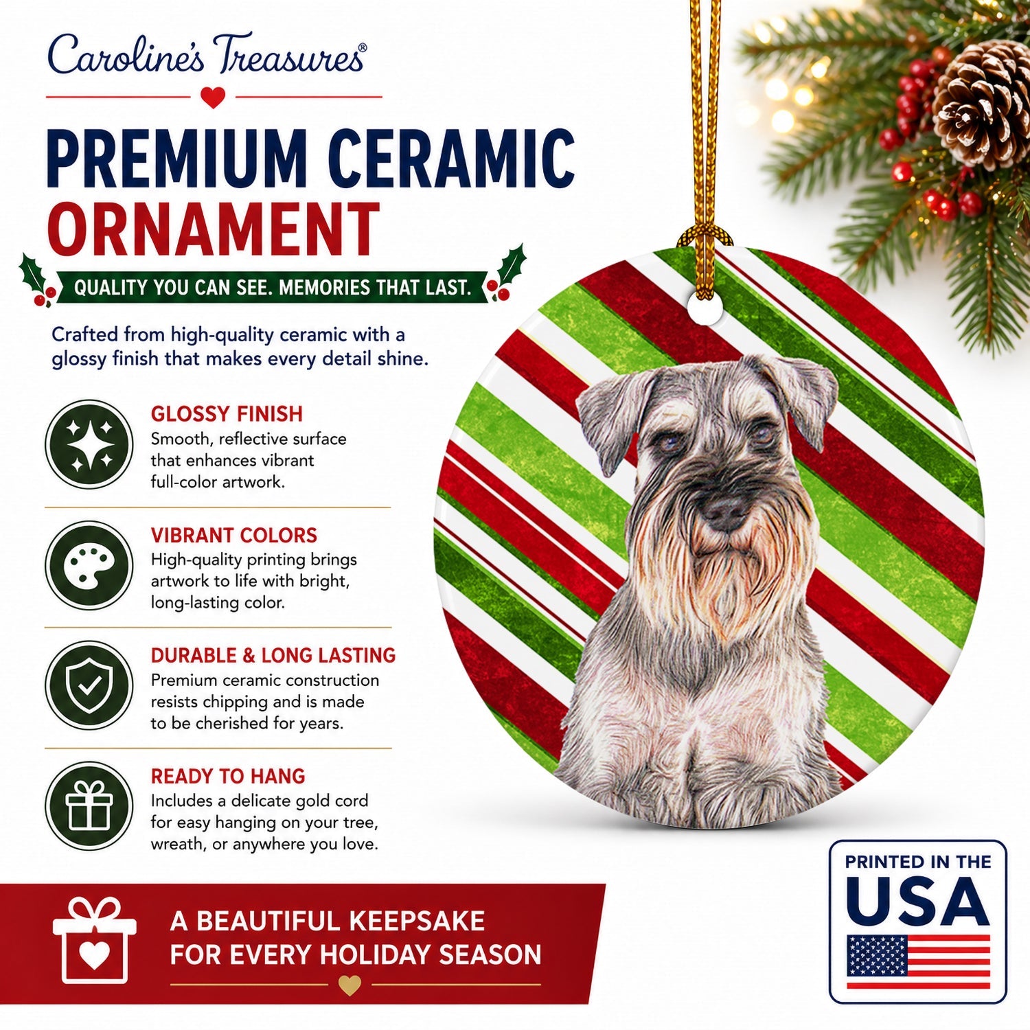 Candy Cane Holiday Christmas Schnauzer Ceramic Ornament Christmas Tree Hanging Decorations for Home Christmas Holiday, Party, Gift, 3 in, Multicolor