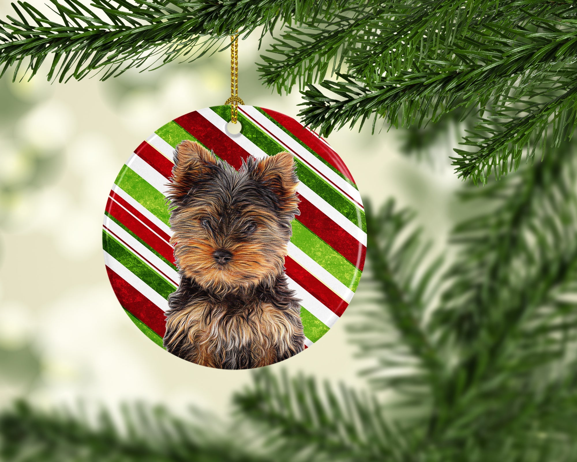 Candy Cane Holiday Christmas Yorkie Puppy / Yorkshire Terrier Ceramic Ornament Christmas Tree Hanging Decorations for Home Christmas Holiday, Party, Gift, 3 in, Multicolor
