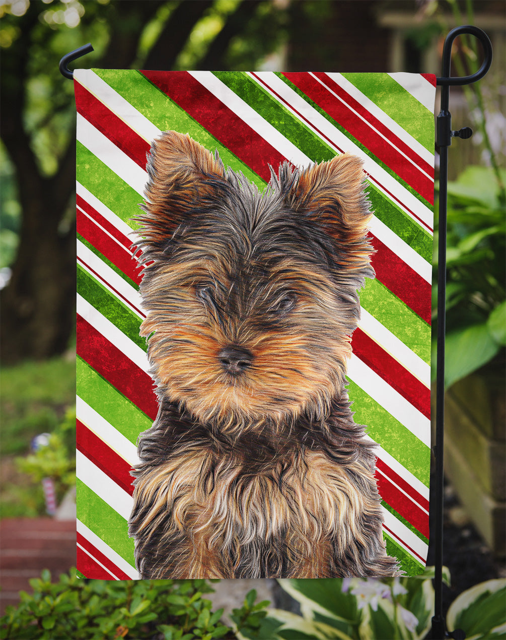 Candy Cane Holiday Christmas Yorkie Puppy / Yorkshire Terrier Garden Flag Mailbox Decorative Yard Banner Outside Patio Artwork for Flower Beds, Garden Size, Multicolor