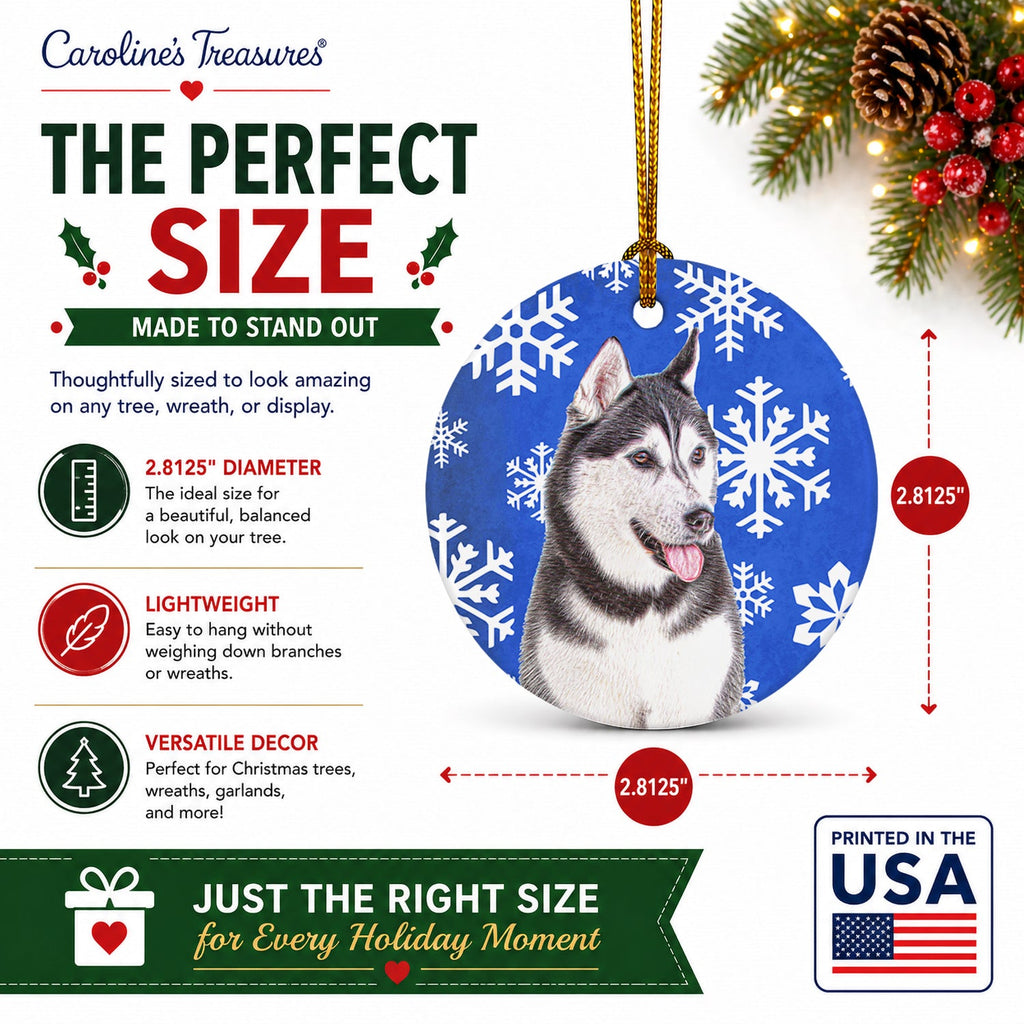 Winter Snowflakes Holiday Alaskan Malamute Ceramic Ornament Christmas Tree Hanging Decorations for Home Christmas Holiday, Party, Gift, 3 in, Multicolor