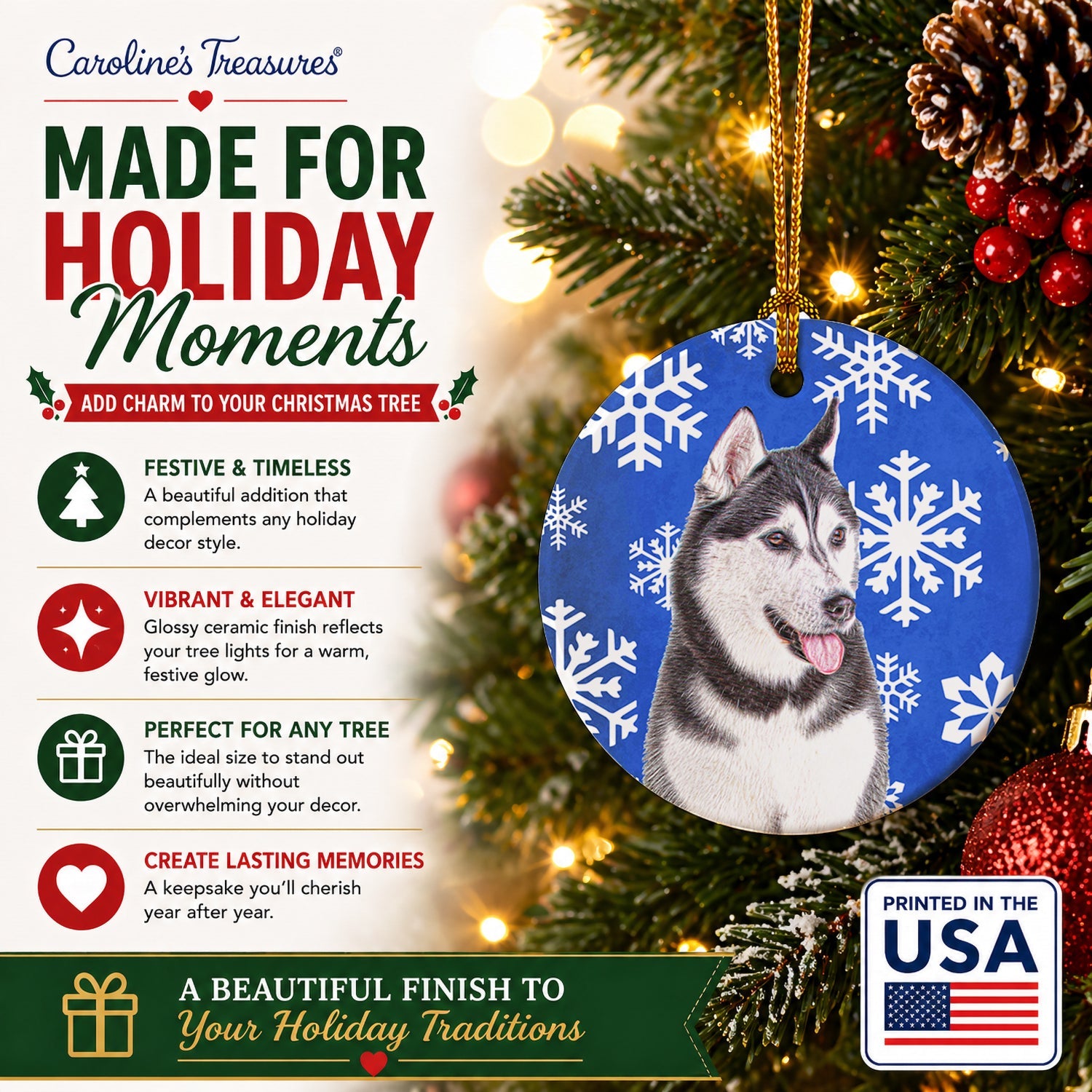 Winter Snowflakes Holiday Alaskan Malamute Ceramic Ornament Christmas Tree Hanging Decorations for Home Christmas Holiday, Party, Gift, 3 in, Multicolor