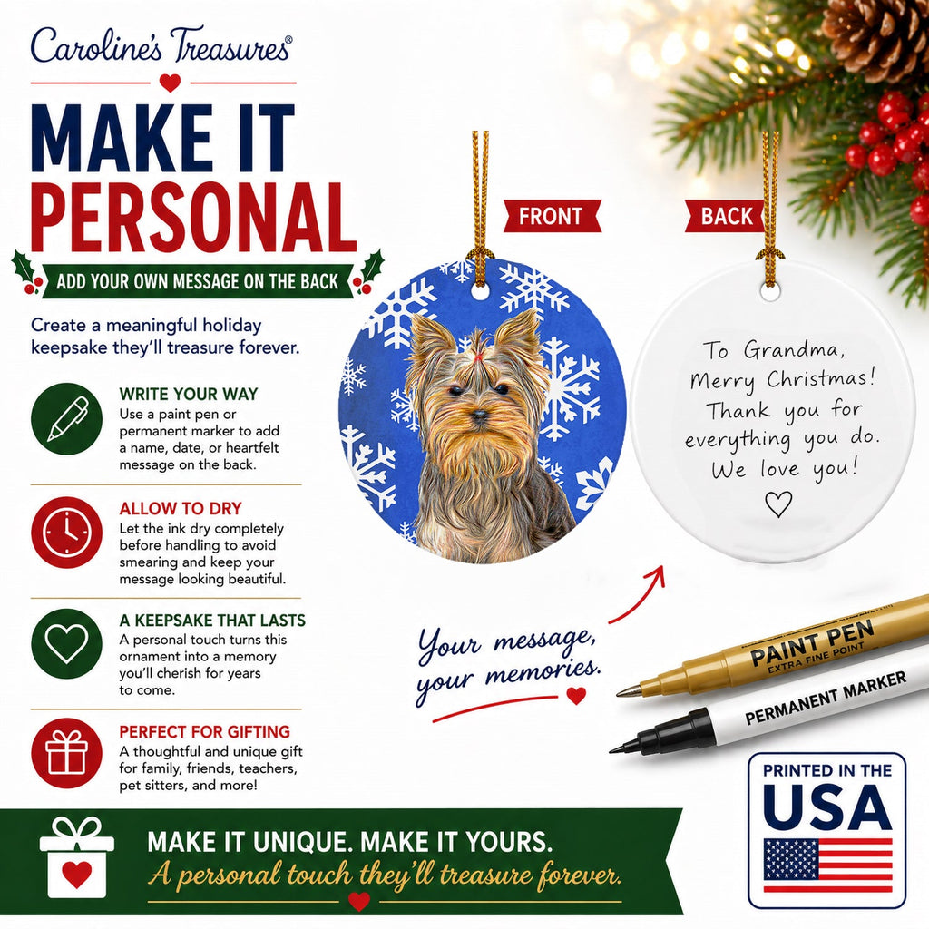 Winter Snowflakes Holiday Yorkie / Yorkshire Terrier Ceramic Ornament Christmas Tree Hanging Decorations for Home Christmas Holiday, Party, Gift, 3 in, Multicolor