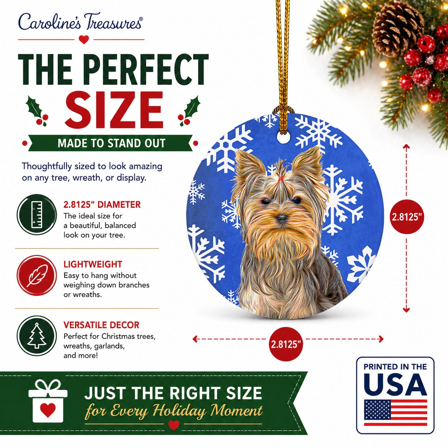 Winter Snowflakes Holiday Yorkie / Yorkshire Terrier Ceramic Ornament Christmas Tree Hanging Decorations for Home Christmas Holiday, Party, Gift, 3 in, Multicolor
