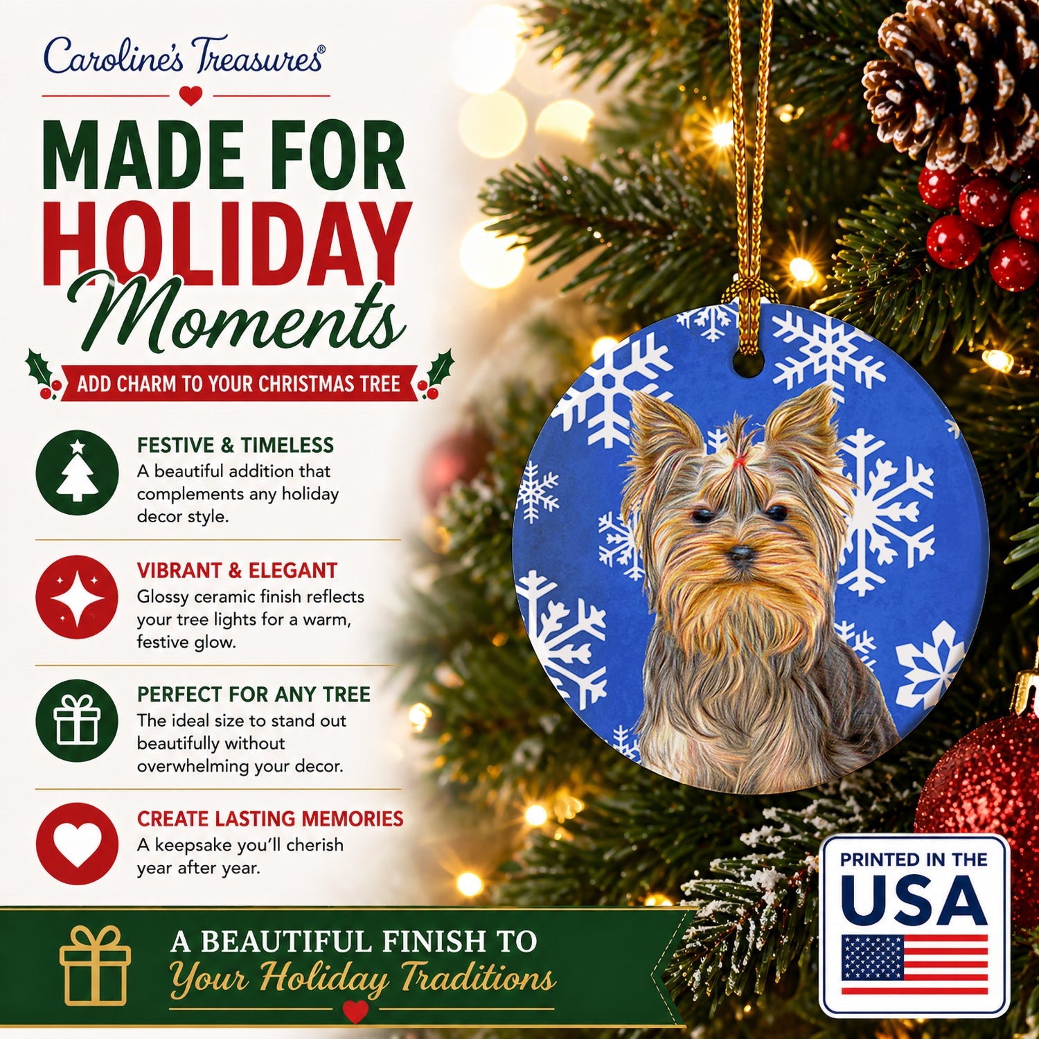 Winter Snowflakes Holiday Yorkie / Yorkshire Terrier Ceramic Ornament Christmas Tree Hanging Decorations for Home Christmas Holiday, Party, Gift, 3 in, Multicolor