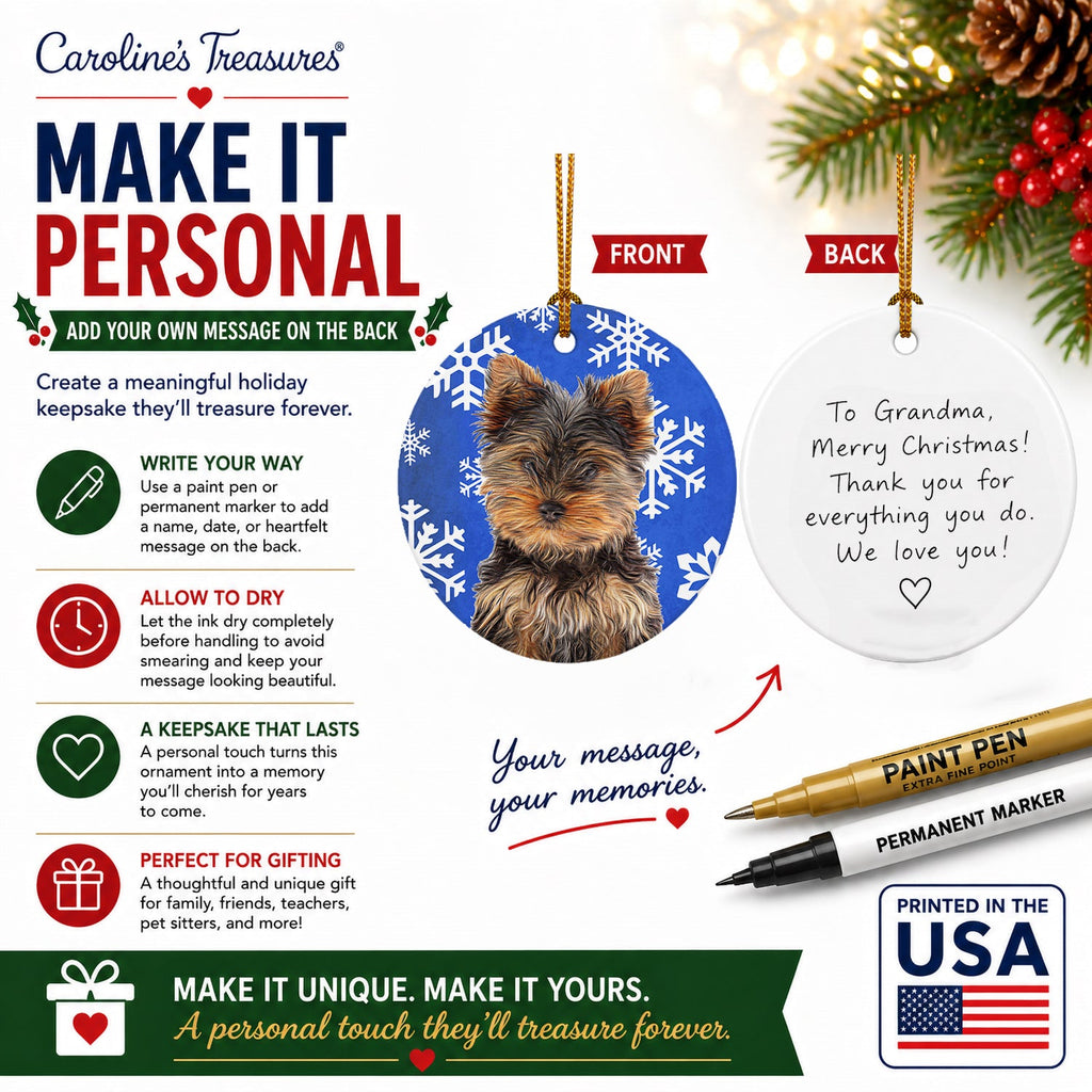 Winter Snowflakes Holiday Yorkie Puppy / Yorkshire Terrier Ceramic Ornament Christmas Tree Hanging Decorations for Home Christmas Holiday, Party, Gift, 3 in, Multicolor