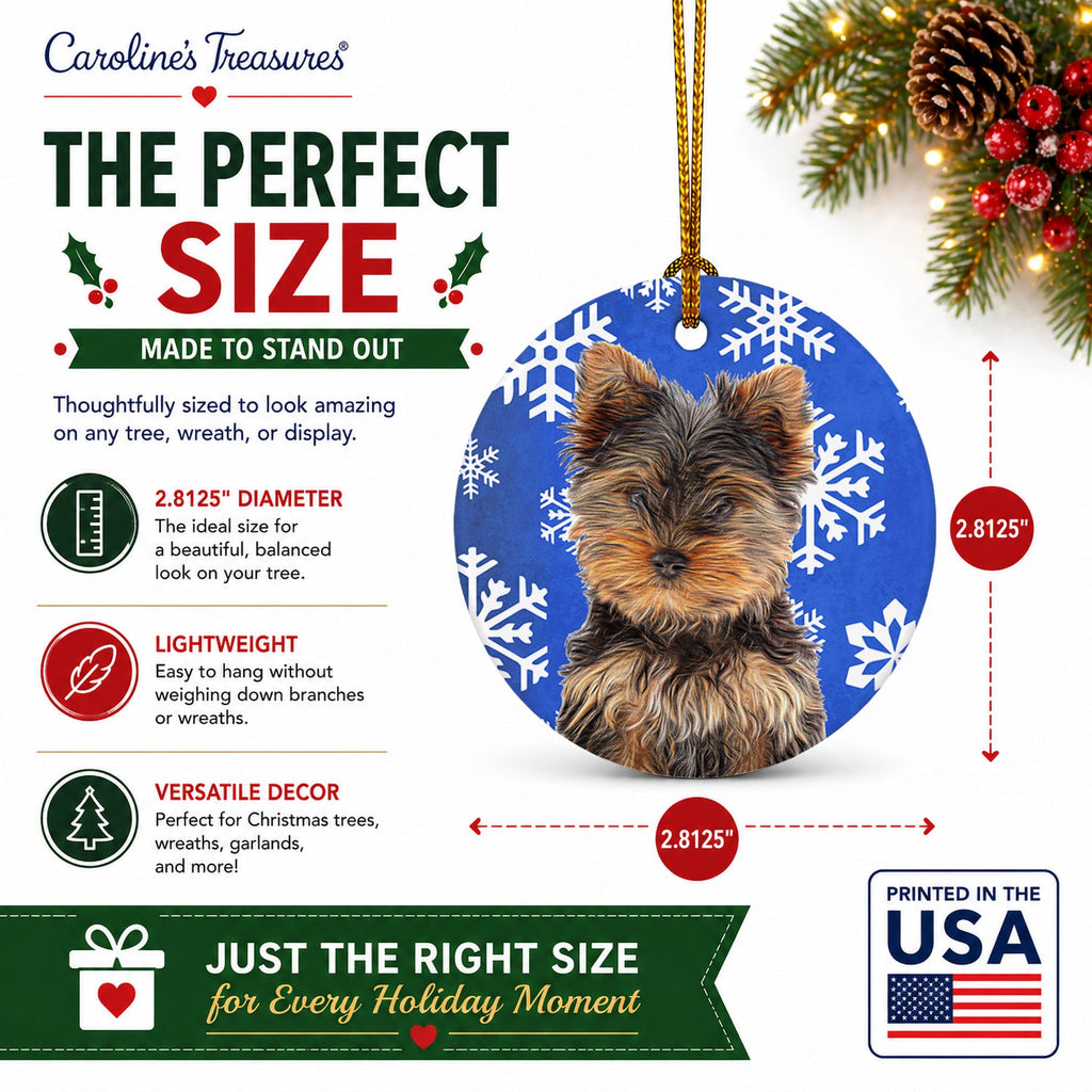 Winter Snowflakes Holiday Yorkie Puppy / Yorkshire Terrier Ceramic Ornament Christmas Tree Hanging Decorations for Home Christmas Holiday, Party, Gift, 3 in, Multicolor