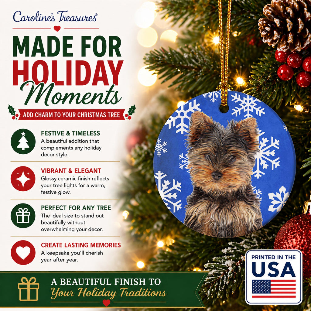Winter Snowflakes Holiday Yorkie Puppy / Yorkshire Terrier Ceramic Ornament Christmas Tree Hanging Decorations for Home Christmas Holiday, Party, Gift, 3 in, Multicolor