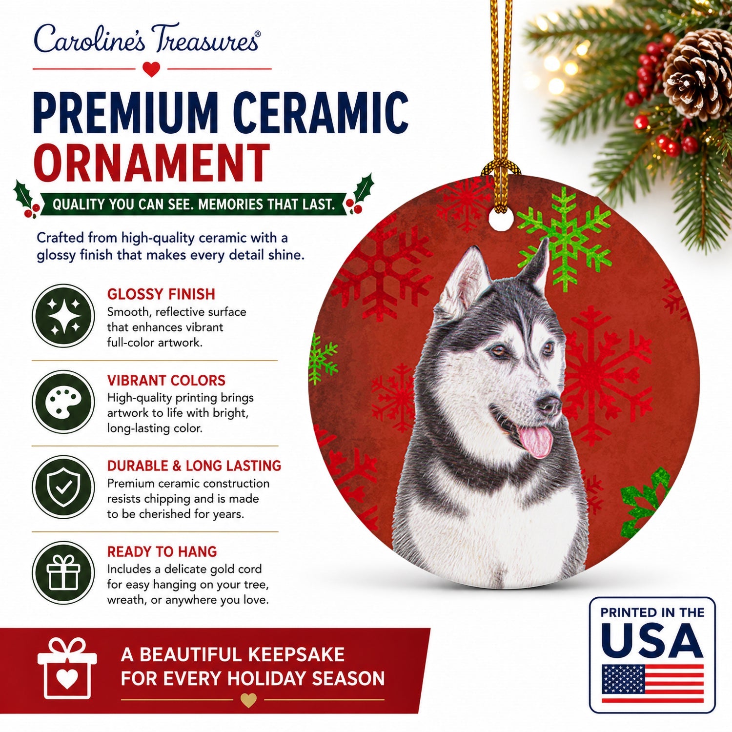 Red Snowflakes Holiday Christmas  Alaskan Malamute Ceramic Ornament Christmas Tree Hanging Decorations for Home Christmas Holiday, Party, Gift, 3 in, Multicolor