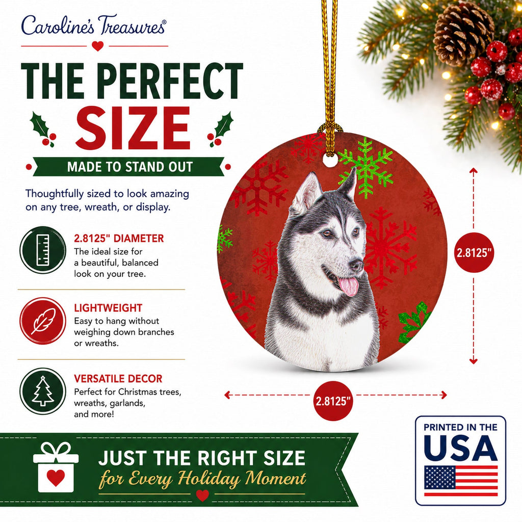 Red Snowflakes Holiday Christmas  Alaskan Malamute Ceramic Ornament Christmas Tree Hanging Decorations for Home Christmas Holiday, Party, Gift, 3 in, Multicolor