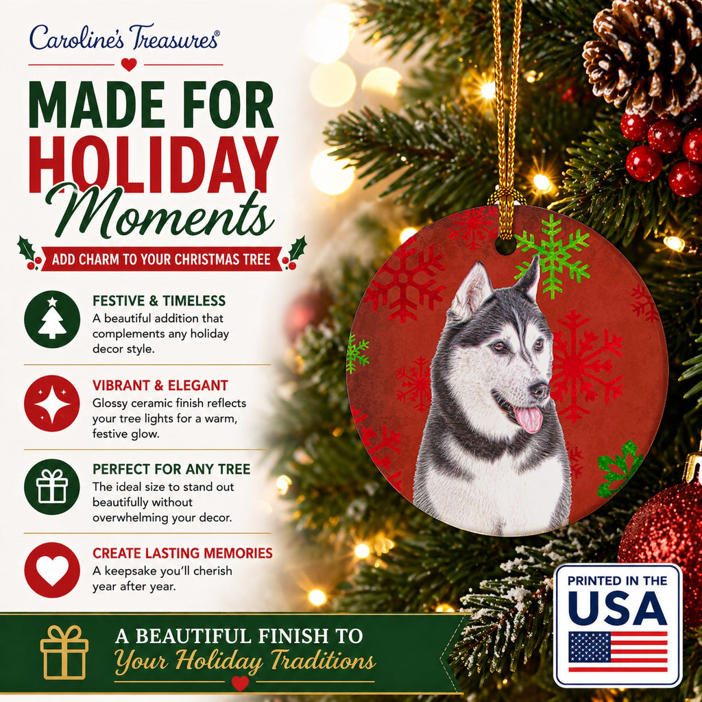 Red Snowflakes Holiday Christmas  Alaskan Malamute Ceramic Ornament Christmas Tree Hanging Decorations for Home Christmas Holiday, Party, Gift, 3 in, Multicolor