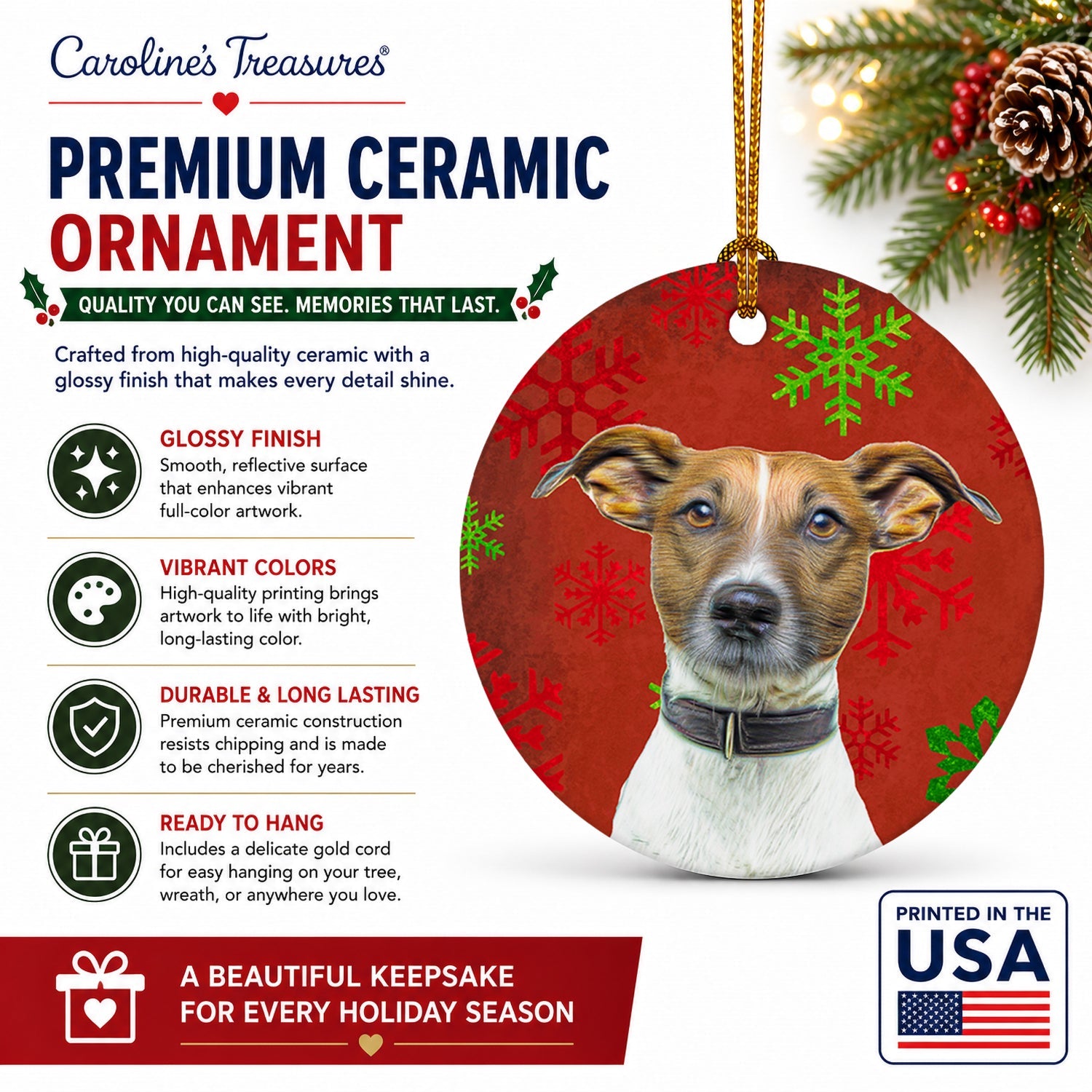 Red Snowflakes Holiday Christmas  Jack Russell Terrier Ceramic Ornament Christmas Tree Hanging Decorations for Home Christmas Holiday, Party, Gift, 3 in, Multicolor