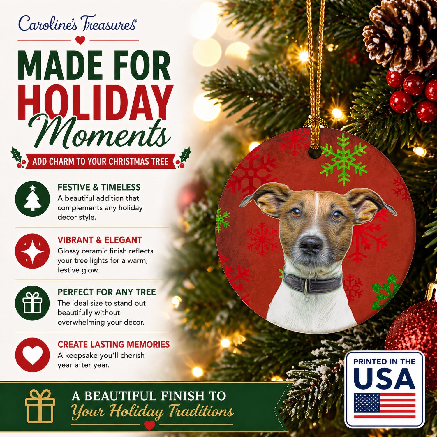 Red Snowflakes Holiday Christmas  Jack Russell Terrier Ceramic Ornament Christmas Tree Hanging Decorations for Home Christmas Holiday, Party, Gift, 3 in, Multicolor