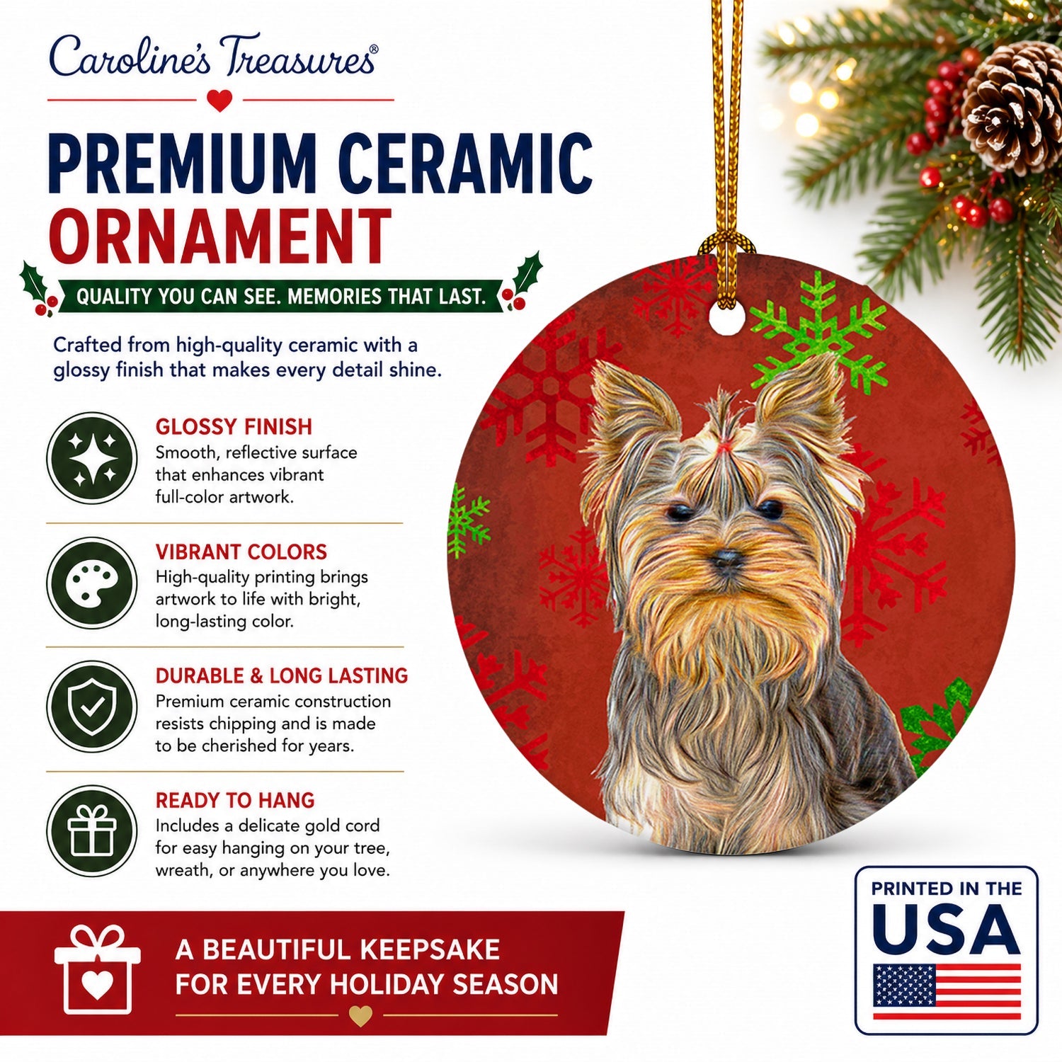 Red Snowflakes Holiday Christmas  Yorkie / Yorkshire Terrier Ceramic Ornament Christmas Tree Hanging Decorations for Home Christmas Holiday, Party, Gift, 3 in, Multicolor