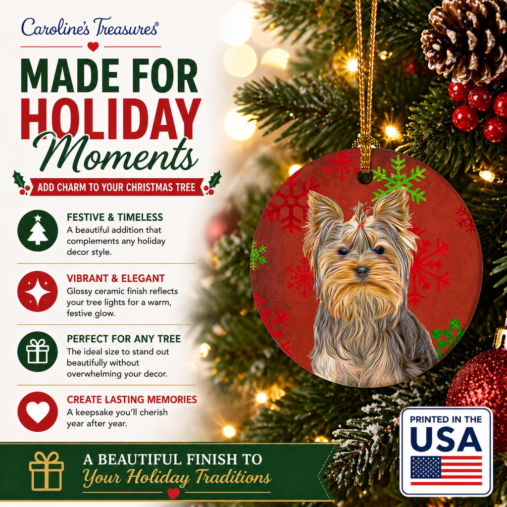 Red Snowflakes Holiday Christmas  Yorkie / Yorkshire Terrier Ceramic Ornament Christmas Tree Hanging Decorations for Home Christmas Holiday, Party, Gift, 3 in, Multicolor