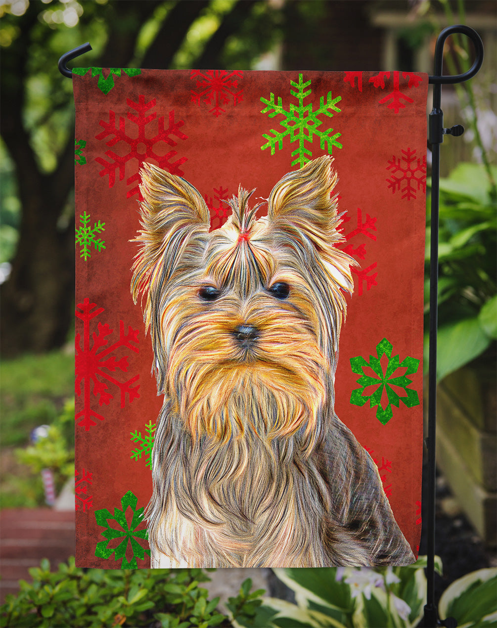 Red Snowflakes Holiday Christmas  Yorkie / Yorkshire Terrier Garden Flag Mailbox Decorative Yard Banner Outside Patio Artwork for Flower Beds, Garden Size, Multicolor
