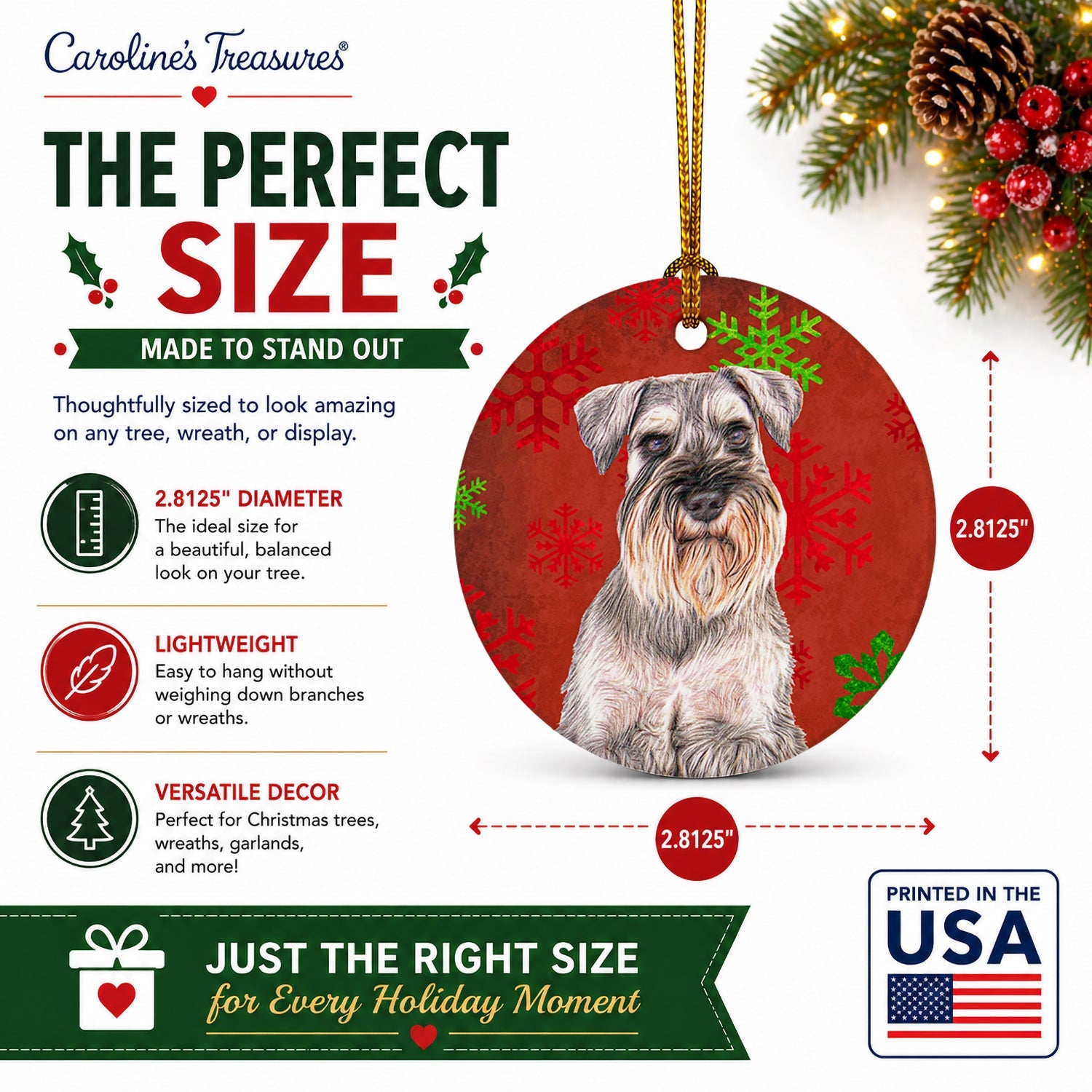 Red Snowflakes Holiday Christmas  Schnauzer Ceramic Ornament Christmas Tree Hanging Decorations for Home Christmas Holiday, Party, Gift, 3 in, Multicolor