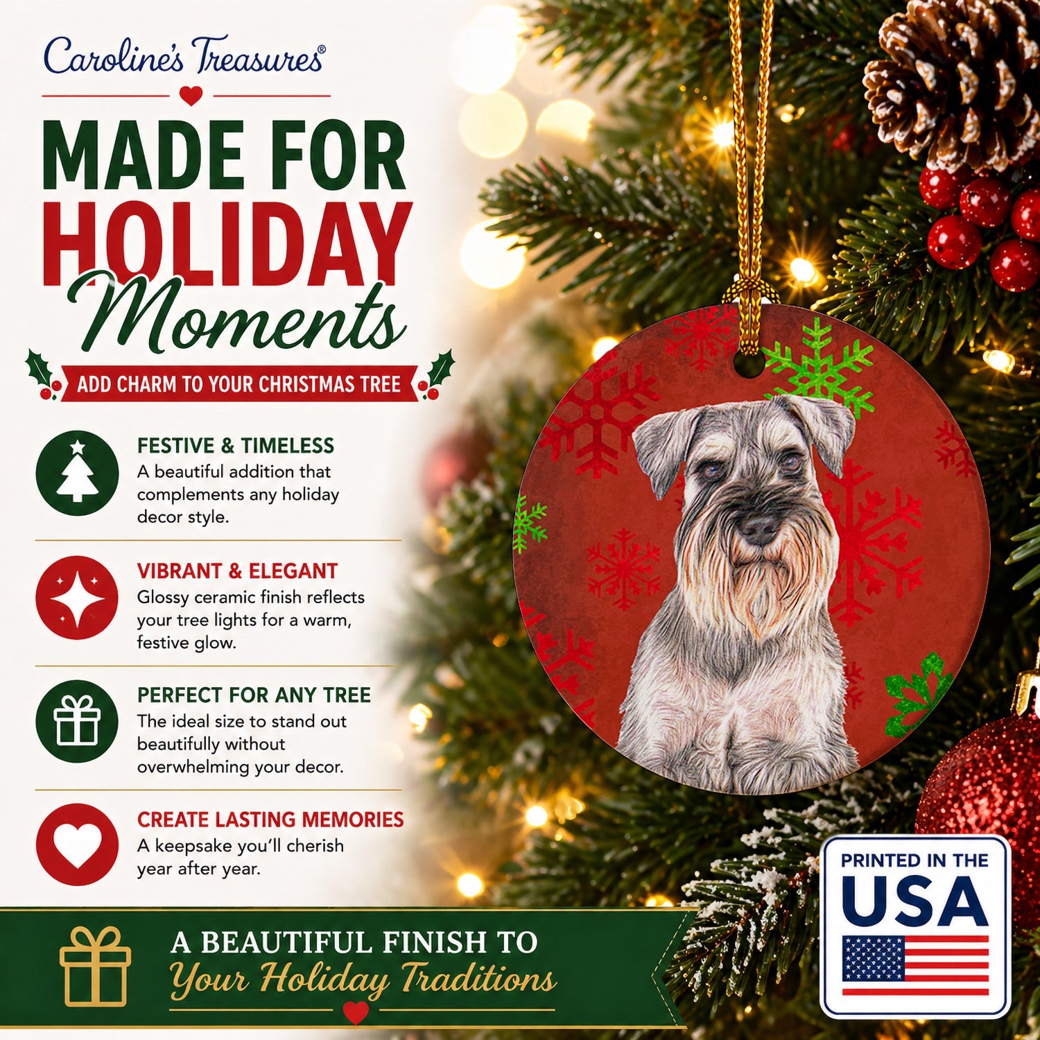 Red Snowflakes Holiday Christmas  Schnauzer Ceramic Ornament Christmas Tree Hanging Decorations for Home Christmas Holiday, Party, Gift, 3 in, Multicolor