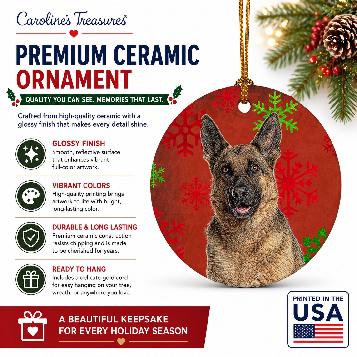 Red Snowflakes Holiday Christmas  German Shepherd Ceramic Ornament Christmas Tree Hanging Decorations for Home Christmas Holiday, Party, Gift, 3 in, Multicolor