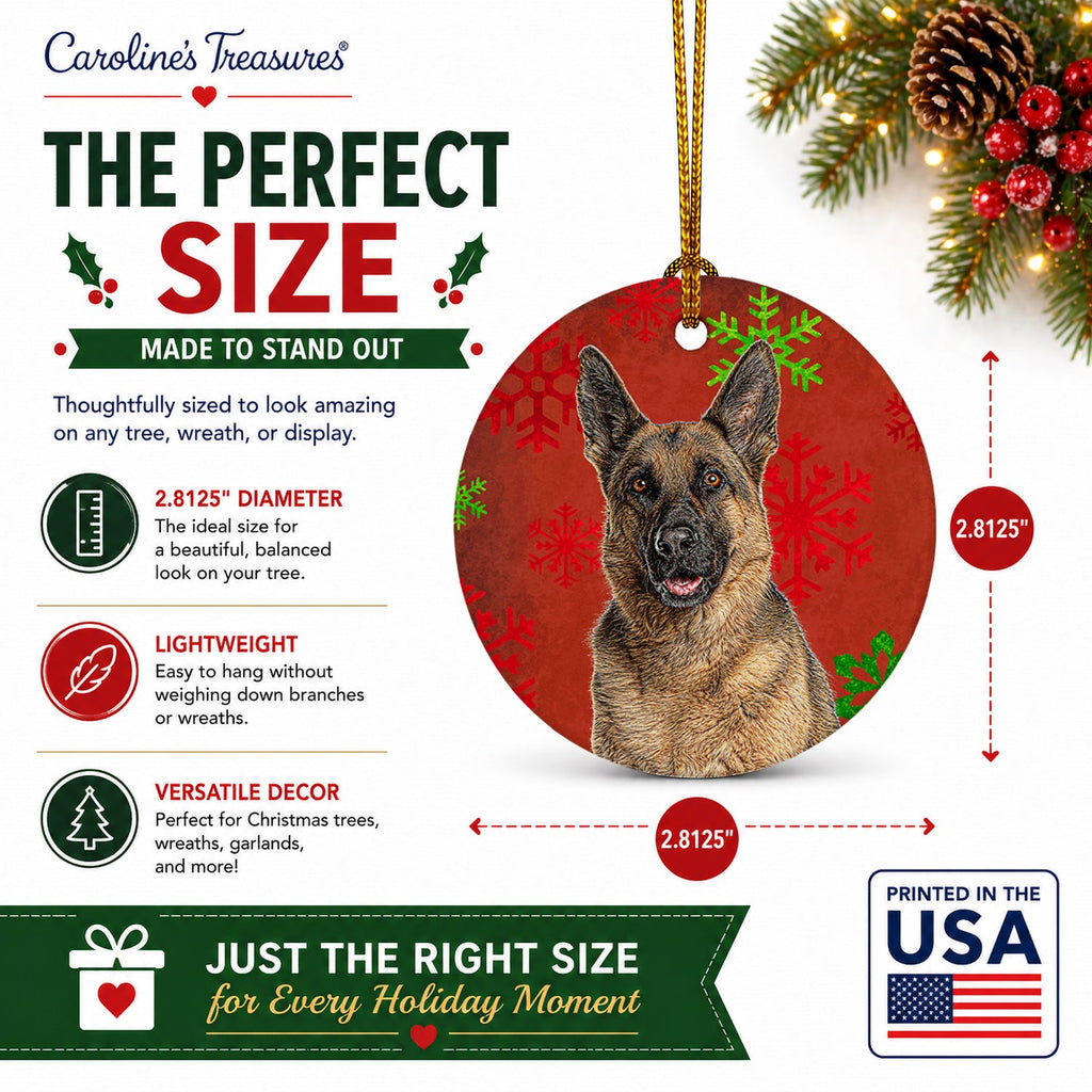 Red Snowflakes Holiday Christmas  German Shepherd Ceramic Ornament Christmas Tree Hanging Decorations for Home Christmas Holiday, Party, Gift, 3 in, Multicolor