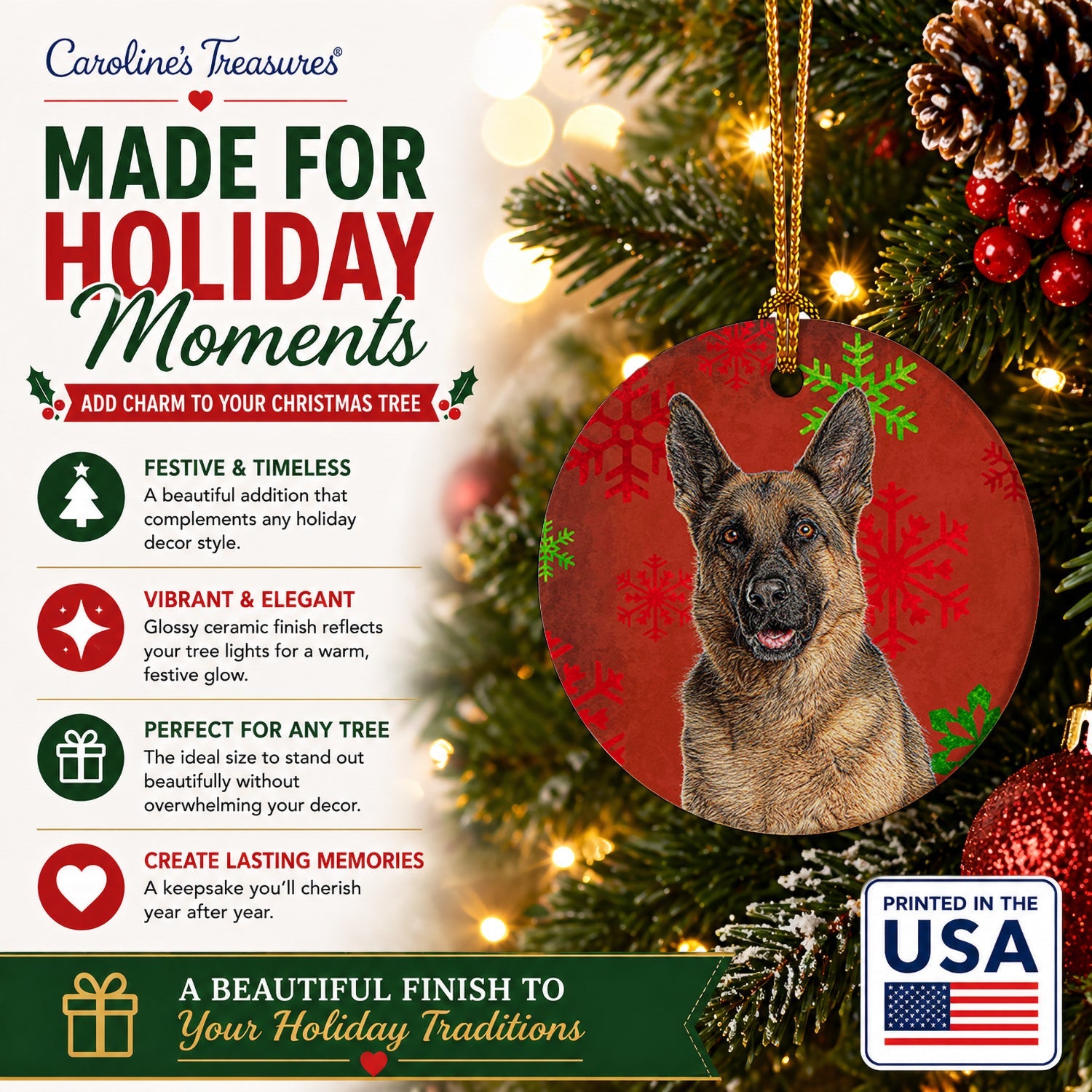 Red Snowflakes Holiday Christmas  German Shepherd Ceramic Ornament Christmas Tree Hanging Decorations for Home Christmas Holiday, Party, Gift, 3 in, Multicolor