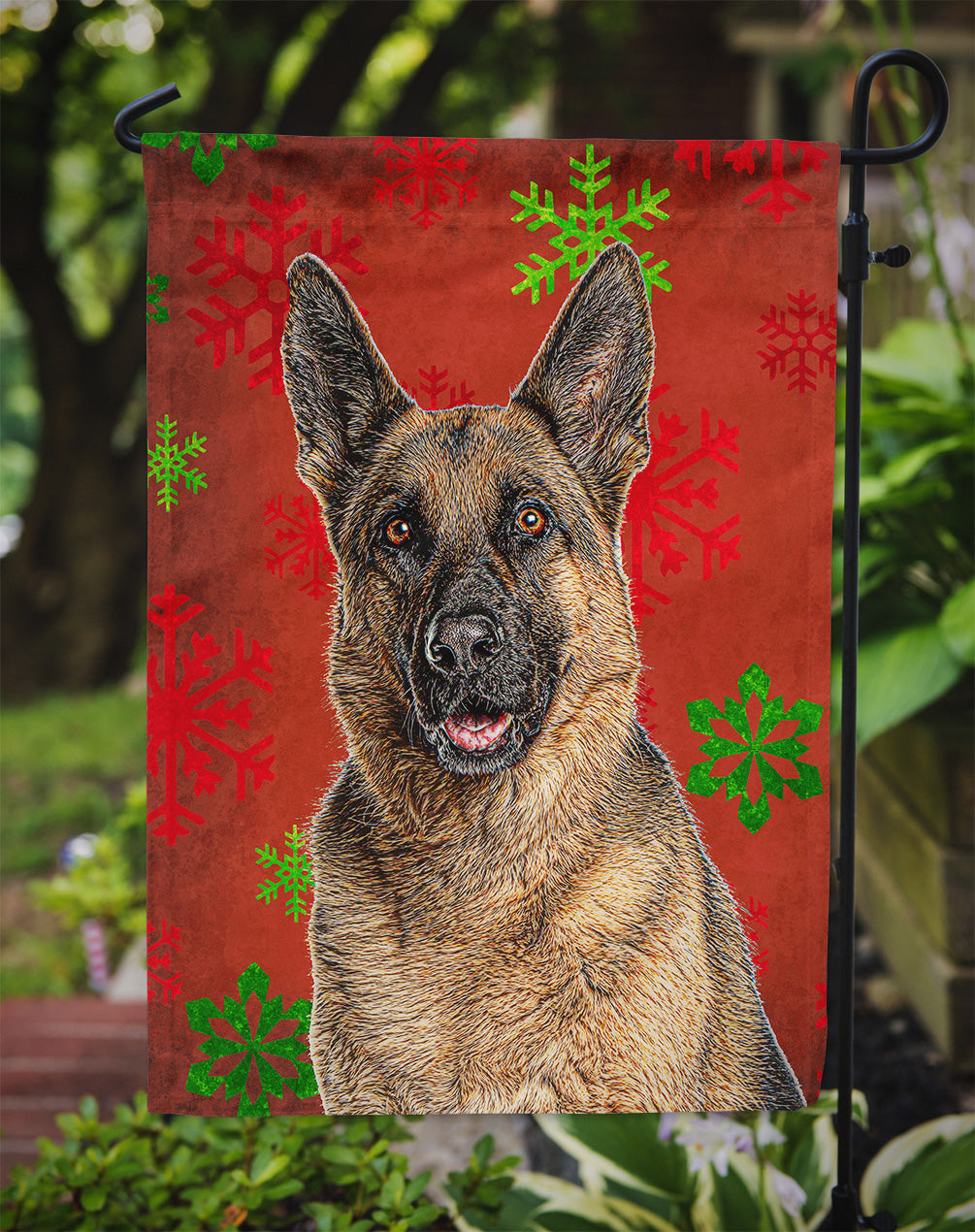 Red Snowflakes Holiday Christmas  German Shepherd Garden Flag Mailbox Decorative Yard Banner Outside Patio Artwork for Flower Beds, Garden Size, Multicolor