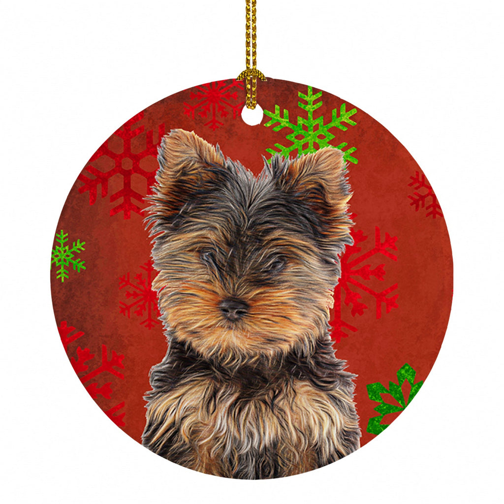 Red Snowflakes Holiday Christmas Yorkie Puppy / Yorkshire Terrier Ceramic Ornament Christmas Tree Hanging Decorations for Home Christmas Holiday, Party, Gift, 3 in, Multicolor