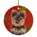 Red Snowflakes Holiday Christmas Yorkie Puppy / Yorkshire Terrier Ceramic Ornament Christmas Tree Hanging Decorations for Home Christmas Holiday, Party, Gift, 3 in, Multicolor