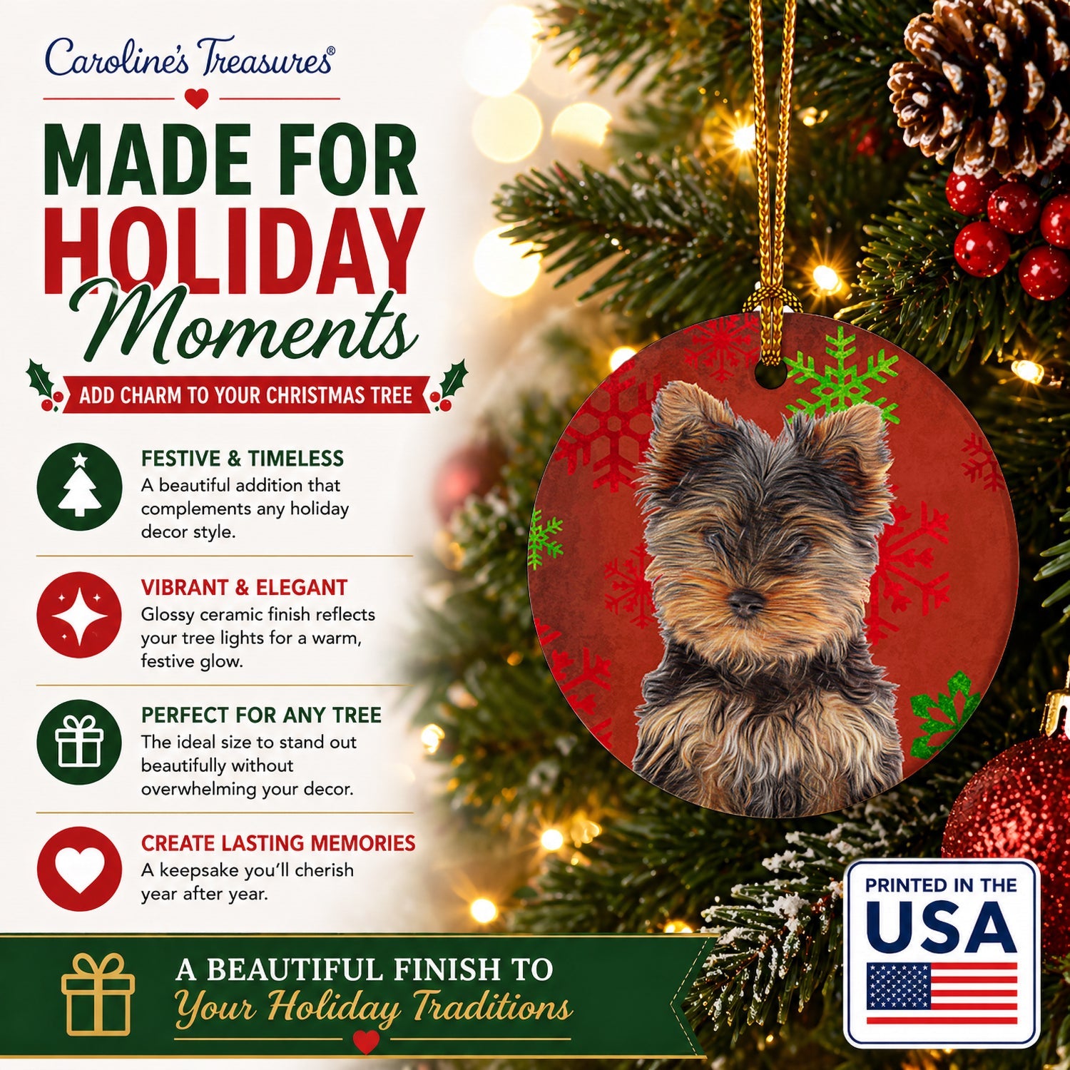 Red Snowflakes Holiday Christmas Yorkie Puppy / Yorkshire Terrier Ceramic Ornament Christmas Tree Hanging Decorations for Home Christmas Holiday, Party, Gift, 3 in, Multicolor