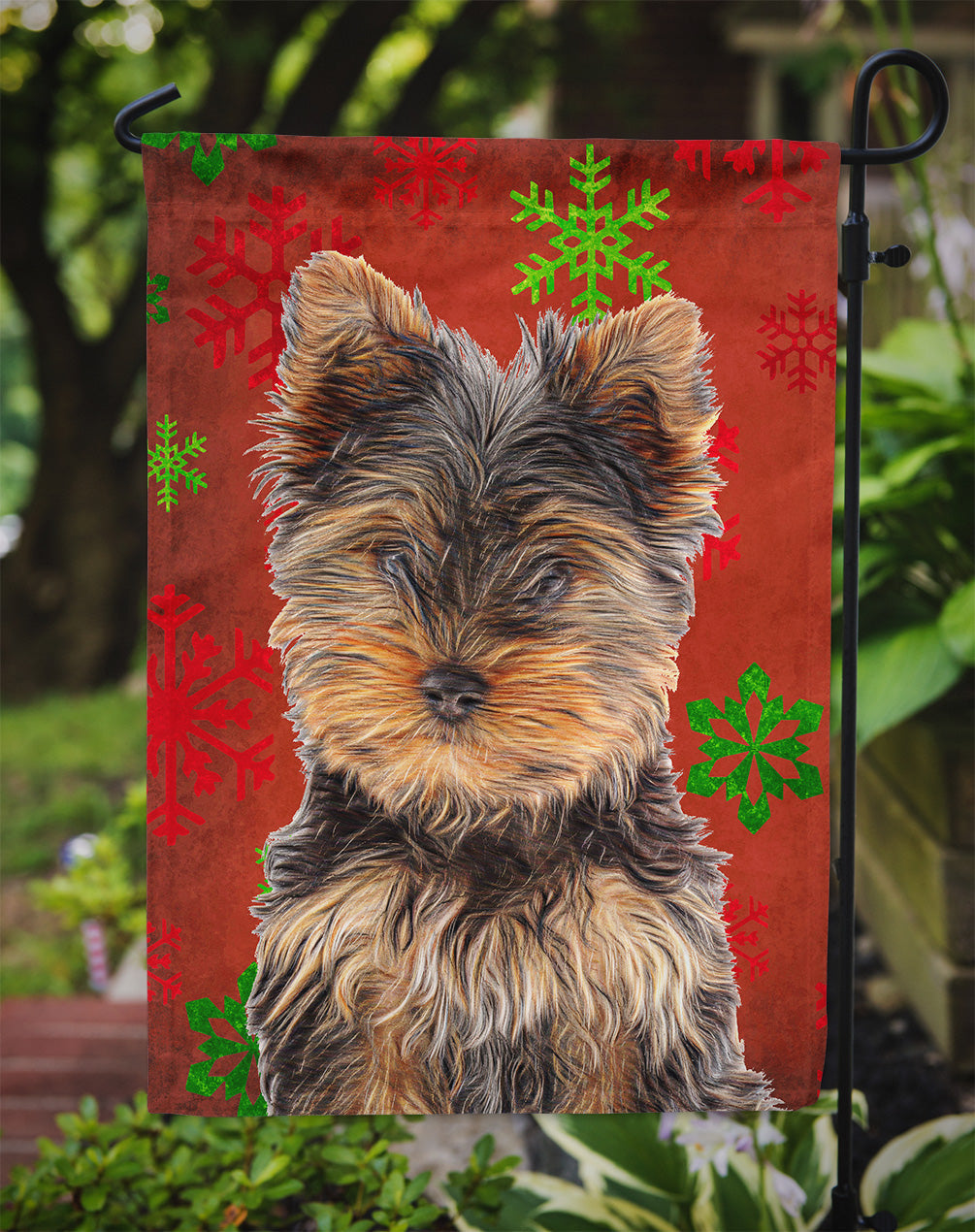 Red Snowflakes Holiday Christmas Yorkie Puppy / Yorkshire Terrier Garden Flag Mailbox Decorative Yard Banner Outside Patio Artwork for Flower Beds, Garden Size, Multicolor