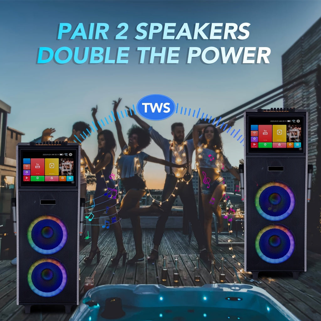 Karaoke Machine With 2 UHF Wireless Microphones For Adults, 4000W Dual 8'' Woofer All In One Wireless Karaoke Speaker, PA System With DJ Light, Rolling Wheels And Trolley, Perfect For Outdoor, 14.1" Touchscreen, USB/TF/FM/AUX