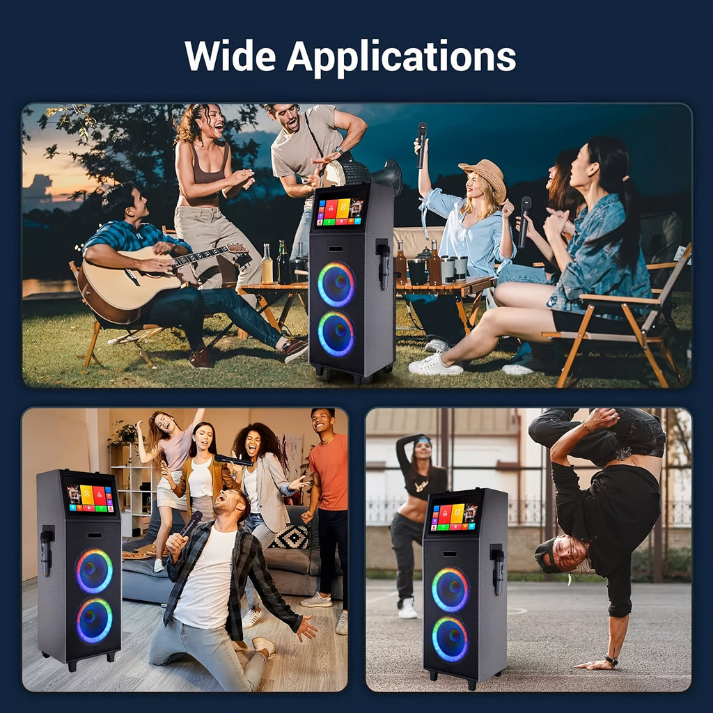 Karaoke Machine With 2 UHF Wireless Microphones For Adults, 4000W Dual 8'' Woofer All In One Wireless Karaoke Speaker, PA System With DJ Light, Rolling Wheels And Trolley, Perfect For Outdoor, 14.1" Touchscreen, USB/TF/FM/AUX