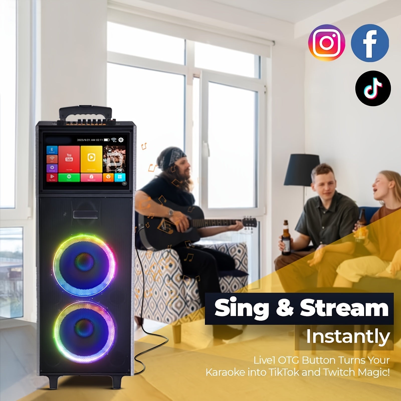 Karaoke Machine With 2 UHF Wireless Microphones For Adults, 4000W Dual 8'' Woofer All In One Wireless Karaoke Speaker, PA System With DJ Light, Rolling Wheels And Trolley, Perfect For Outdoor, 14.1" Touchscreen, USB/TF/FM/AUX