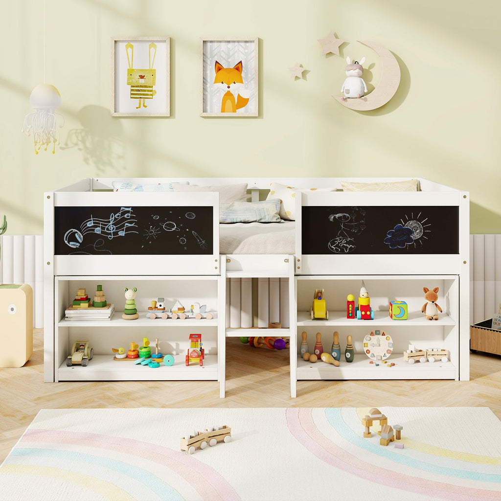 Kid Twin Size Low Loft Bed with Chalkboard Ramp Ladder and Bookcases-White