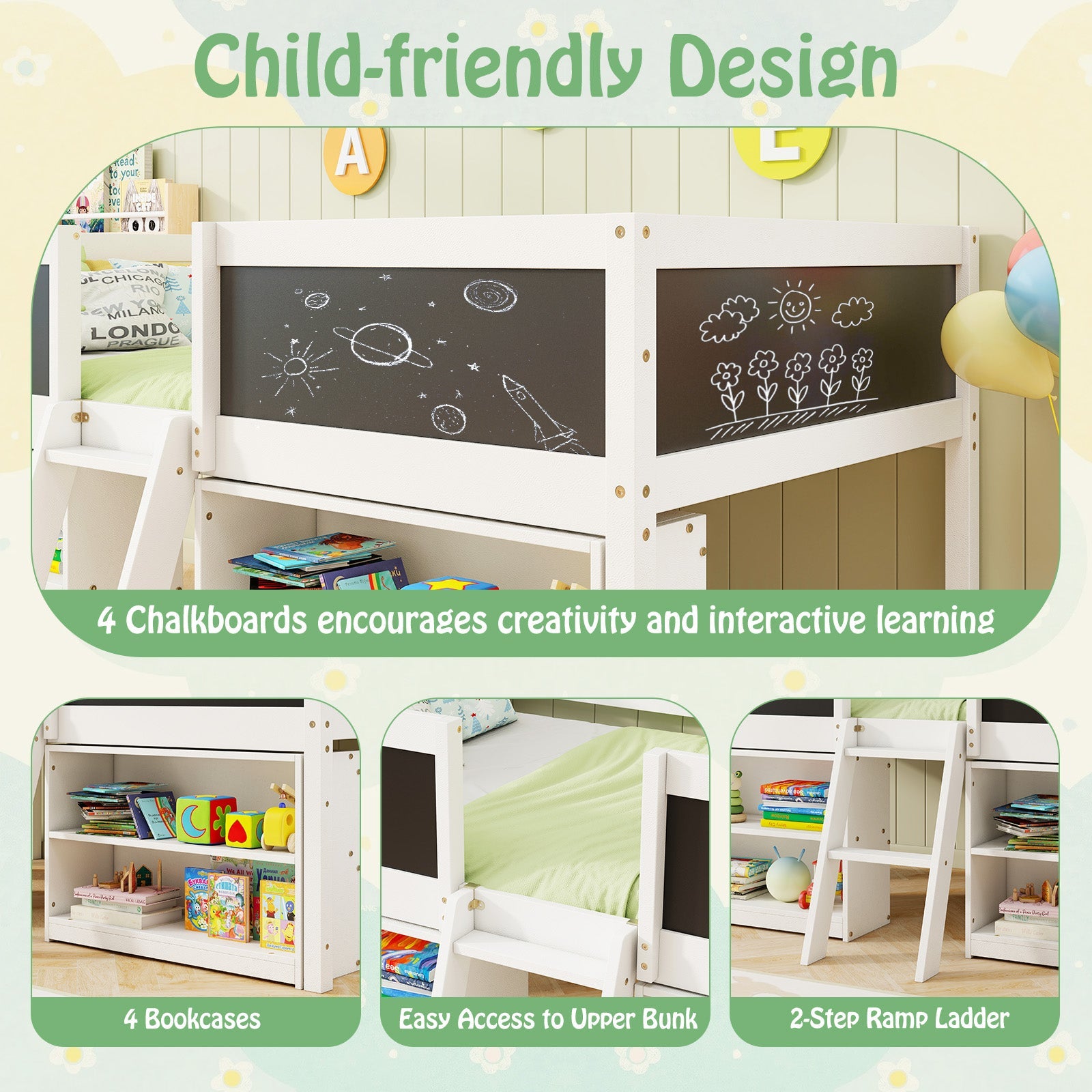 Kid Twin Size Low Loft Bed with Chalkboard Ramp Ladder and Bookcases-White