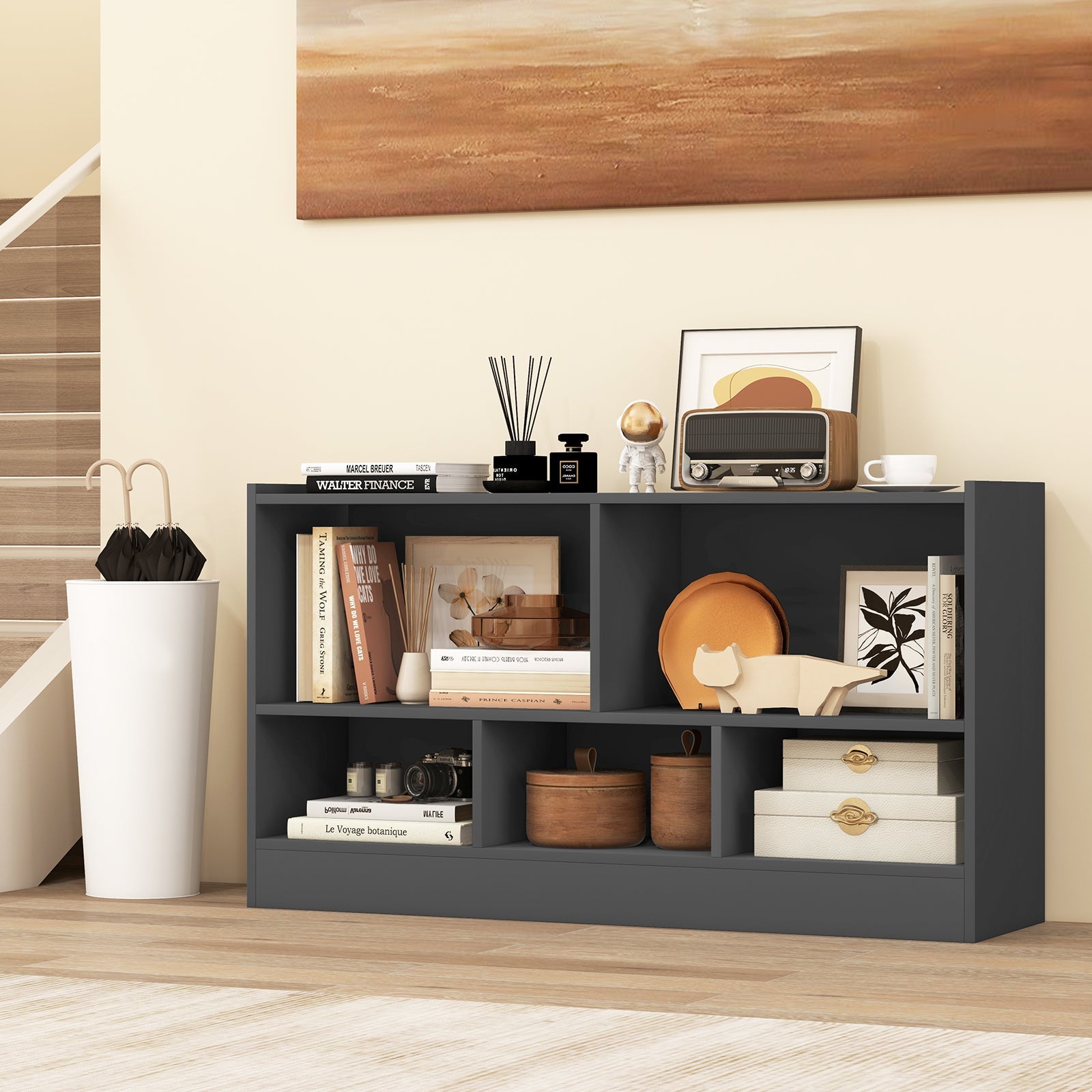 Kids 2-Shelf Bookcase 5-Cube Wood Toy Storage Cabinet Organizer-Gray