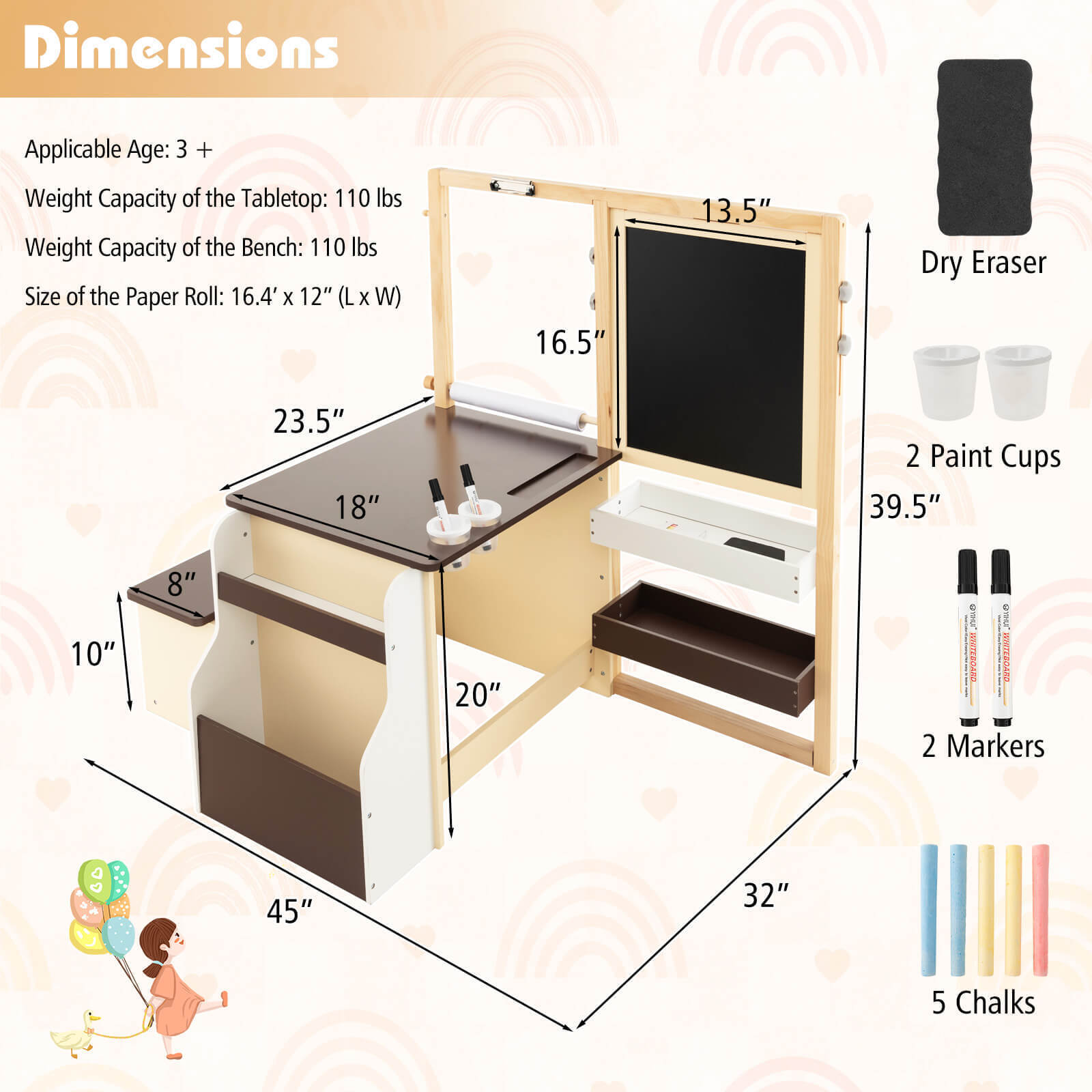 Kids Art Center Wooden Table Bench Set-Brown