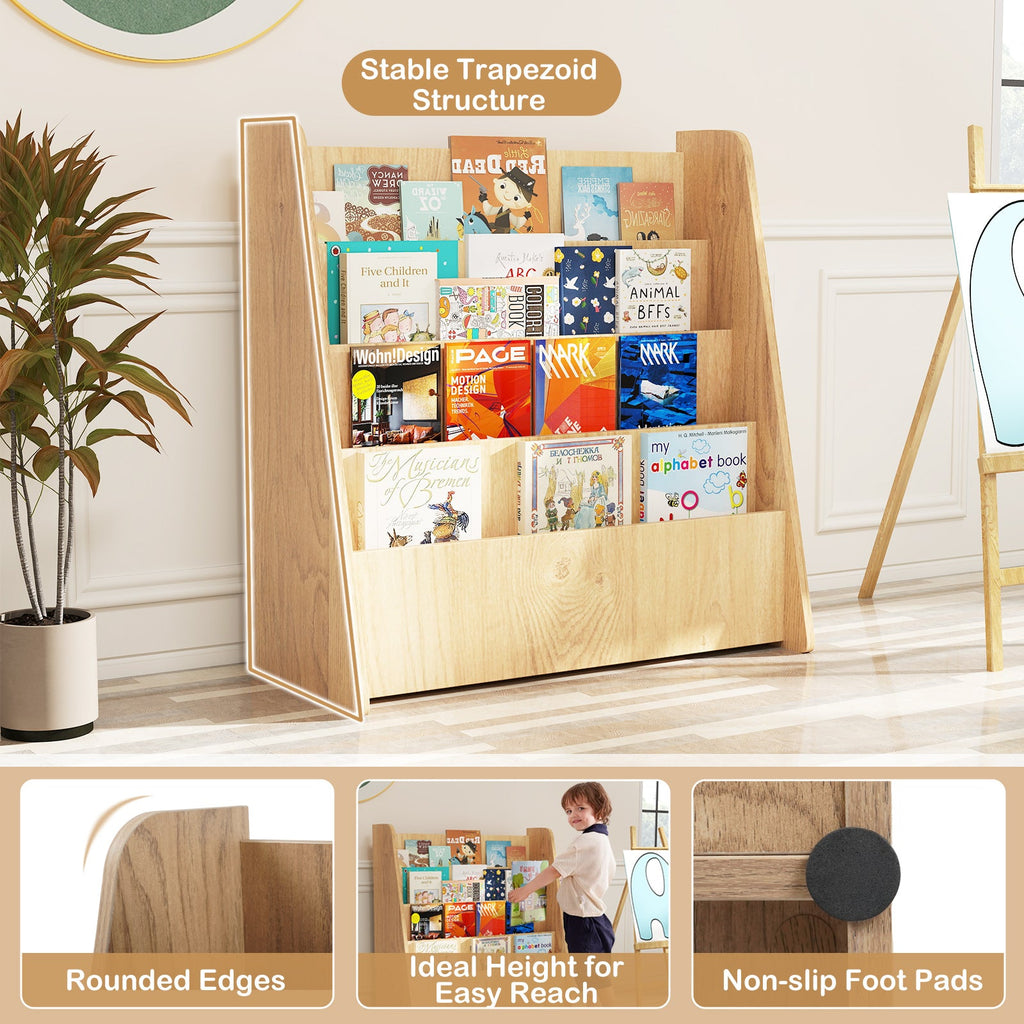 4-Tier Kids Bookshelf with Deep Compartments for Bedroom-Natural
