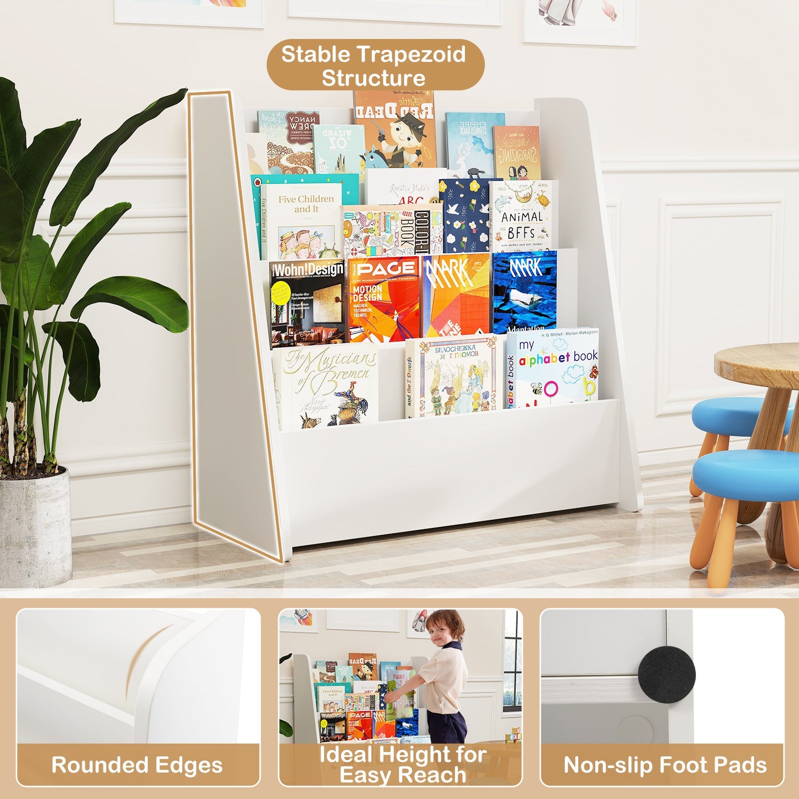 4-Tier Kids Bookshelf with Deep Compartments for Bedroom-White